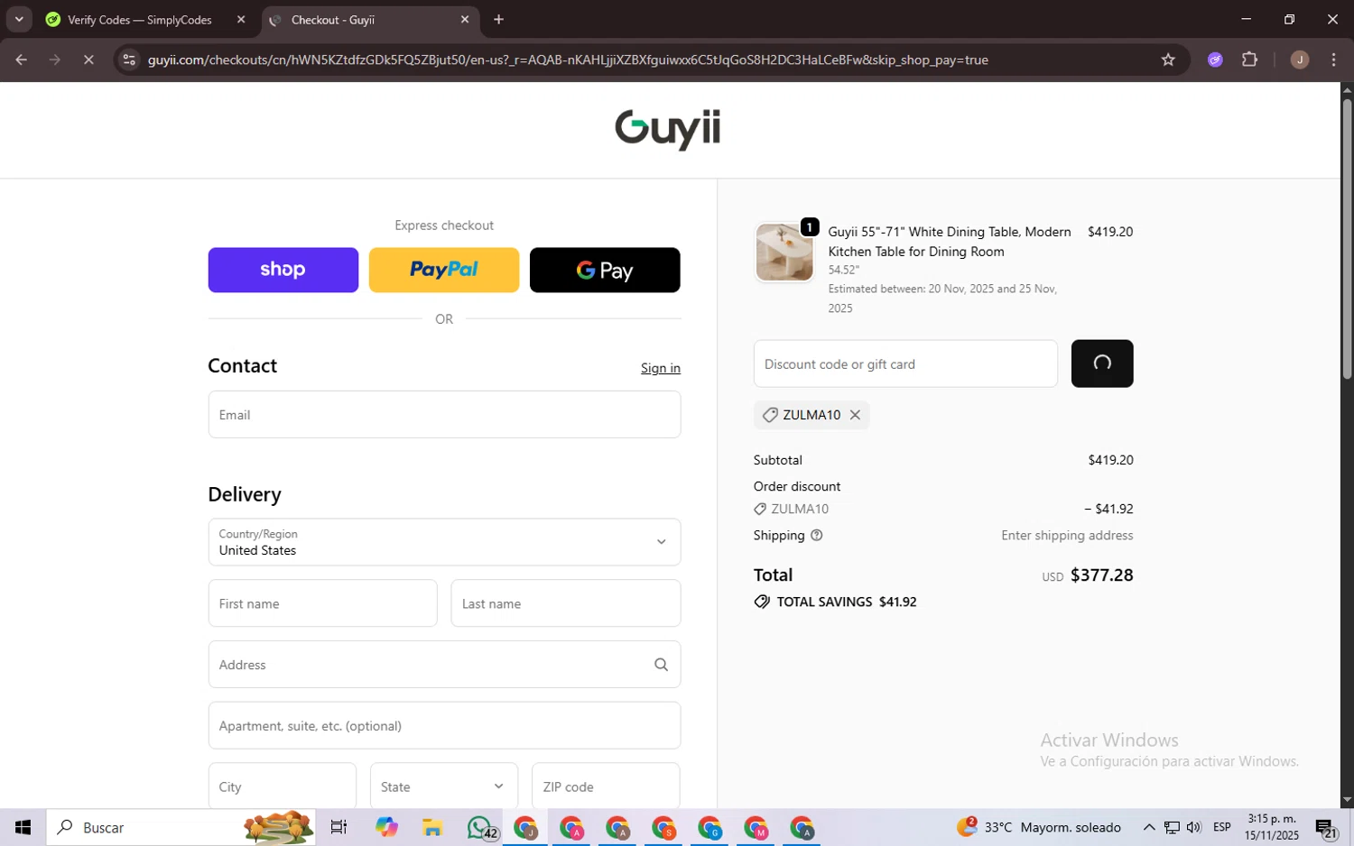 Guyii promo code screenshot showing code Zulma10 applied at Guyii checkout page. Uploaded by SimplyCodes community member CrownChaser949 on Nov 15, 2025