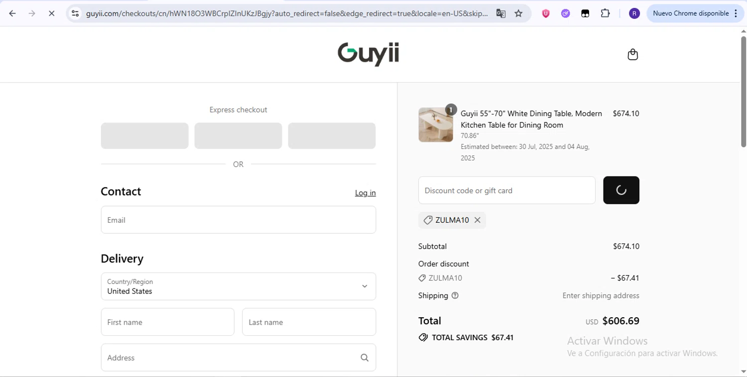 Guyii promo code screenshot showing code Zulma10 applied at Guyii checkout page. Uploaded by SimplyCodes community member zurdinha on Jul 28, 2025