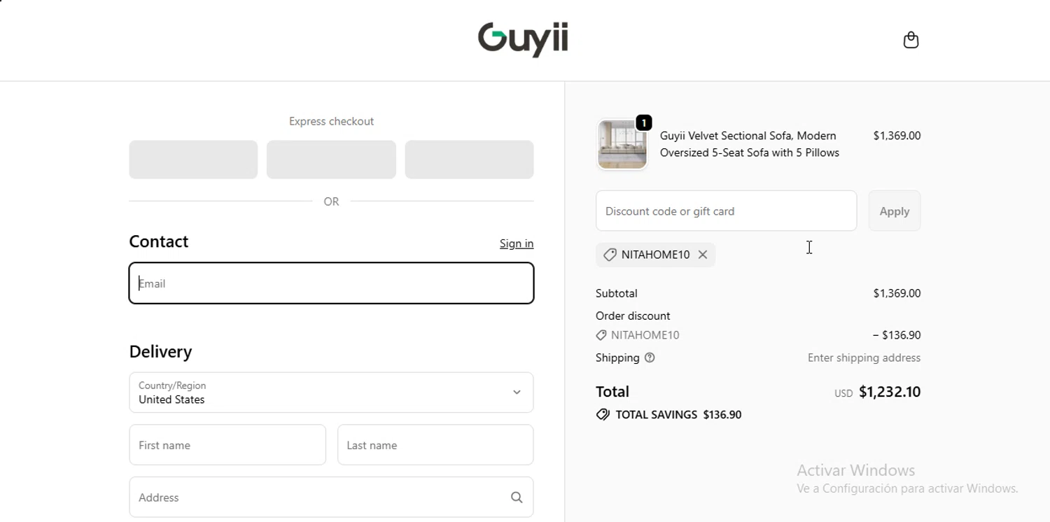 Guyii promo code screenshot showing code NITAHOME10 applied at Guyii checkout page. Uploaded by SimplyCodes community member RebateSpotter2821 on Dec 6, 2025