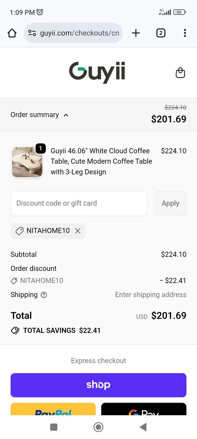Guyii promo code screenshot showing code NITAHOME10 applied at Guyii checkout page. Uploaded by SimplyCodes community member Richard251 on Oct 19, 2025