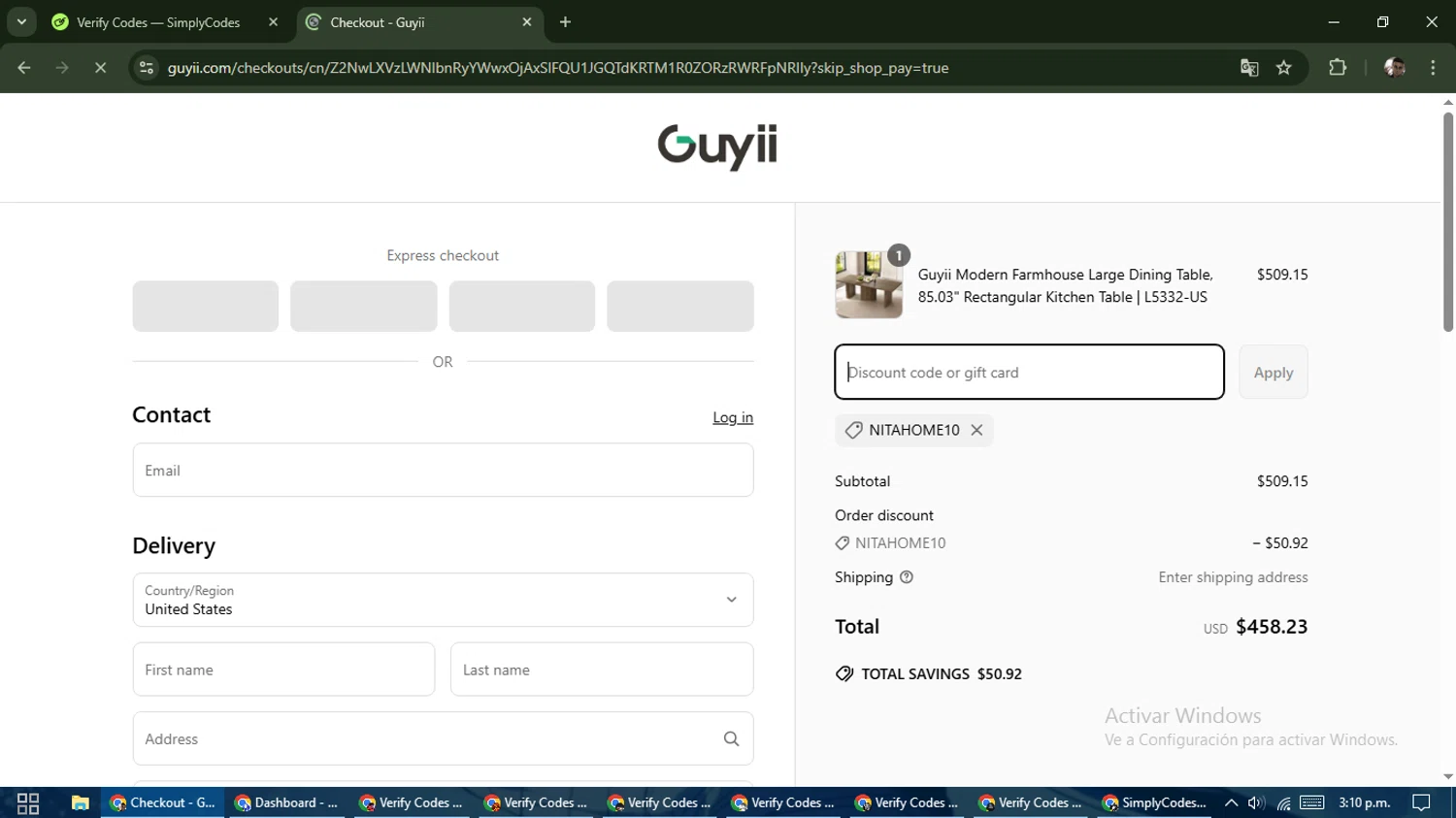Guyii promo code screenshot showing code NITAHOME10 applied at Guyii checkout page. Uploaded by SimplyCodes community member DiscountSeeker682 on Mar 31, 2025