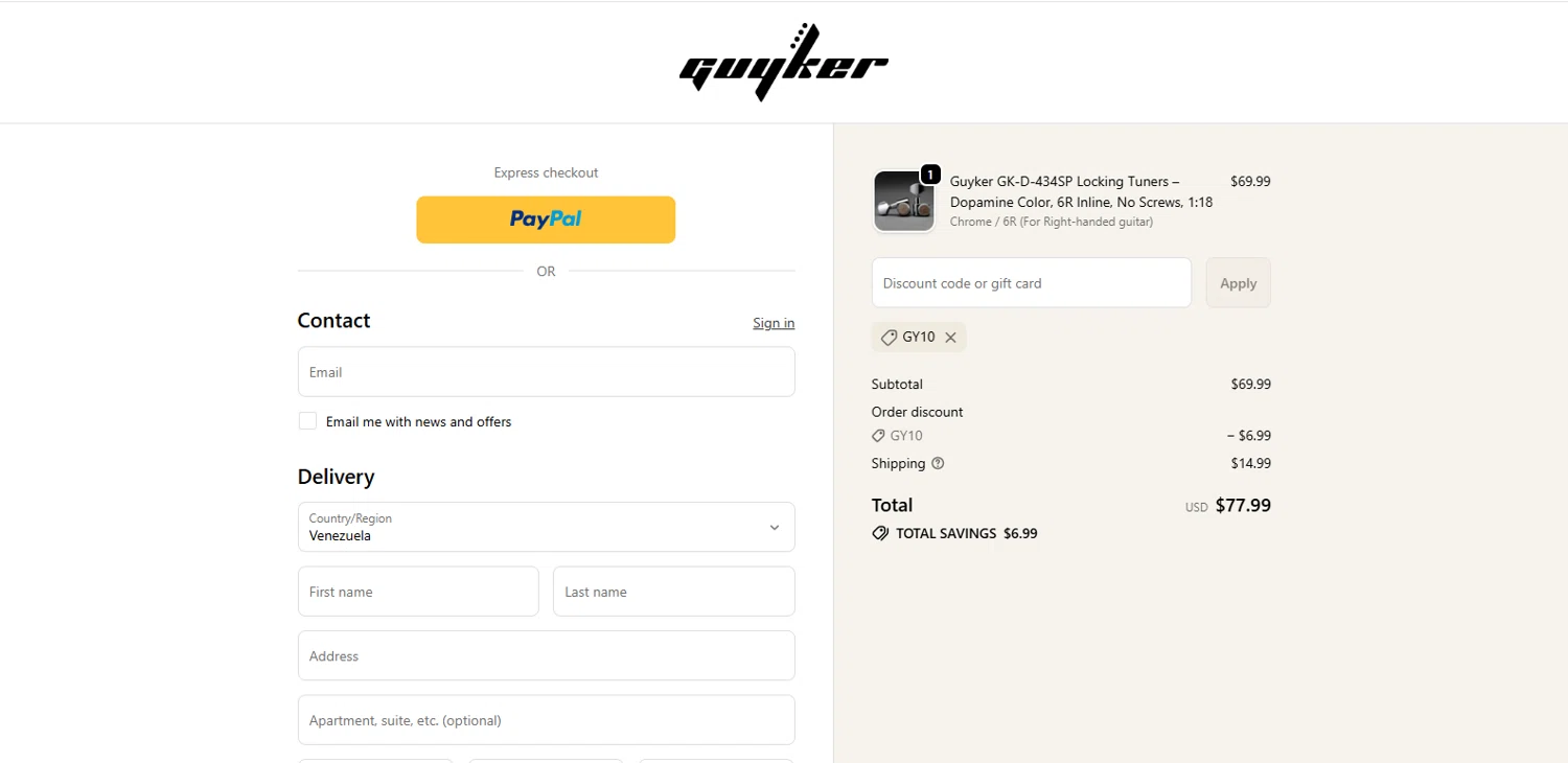 Guyker discount code screenshot showing code GY10 applied at Guyker checkout page. Uploaded by SimplyCodes community member dimitriv on Oct 7, 2025