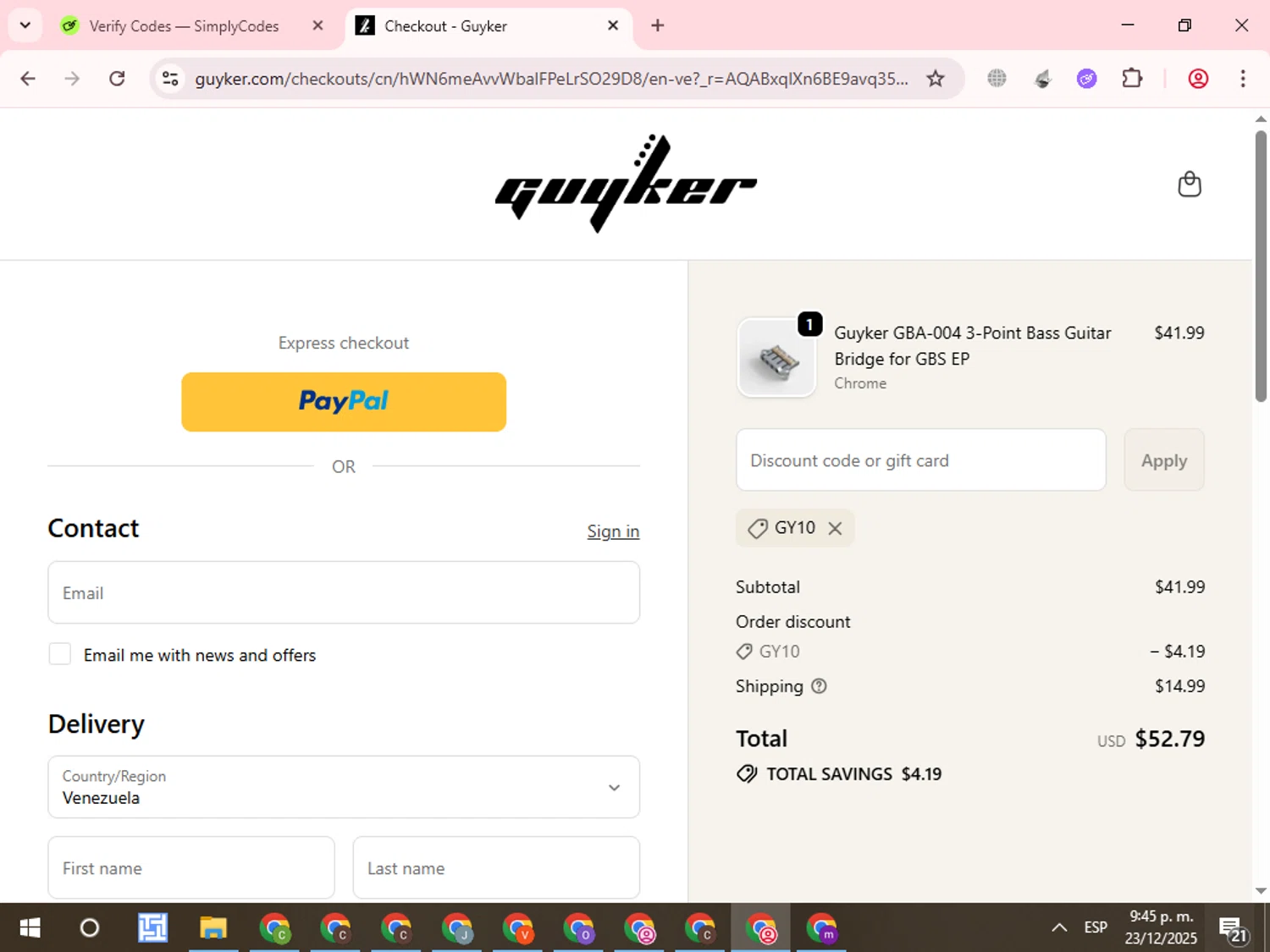 Guyker discount code screenshot showing code GY10 applied at Guyker checkout page. Uploaded by SimplyCodes community member WonderCurator7831 on Dec 24, 2025