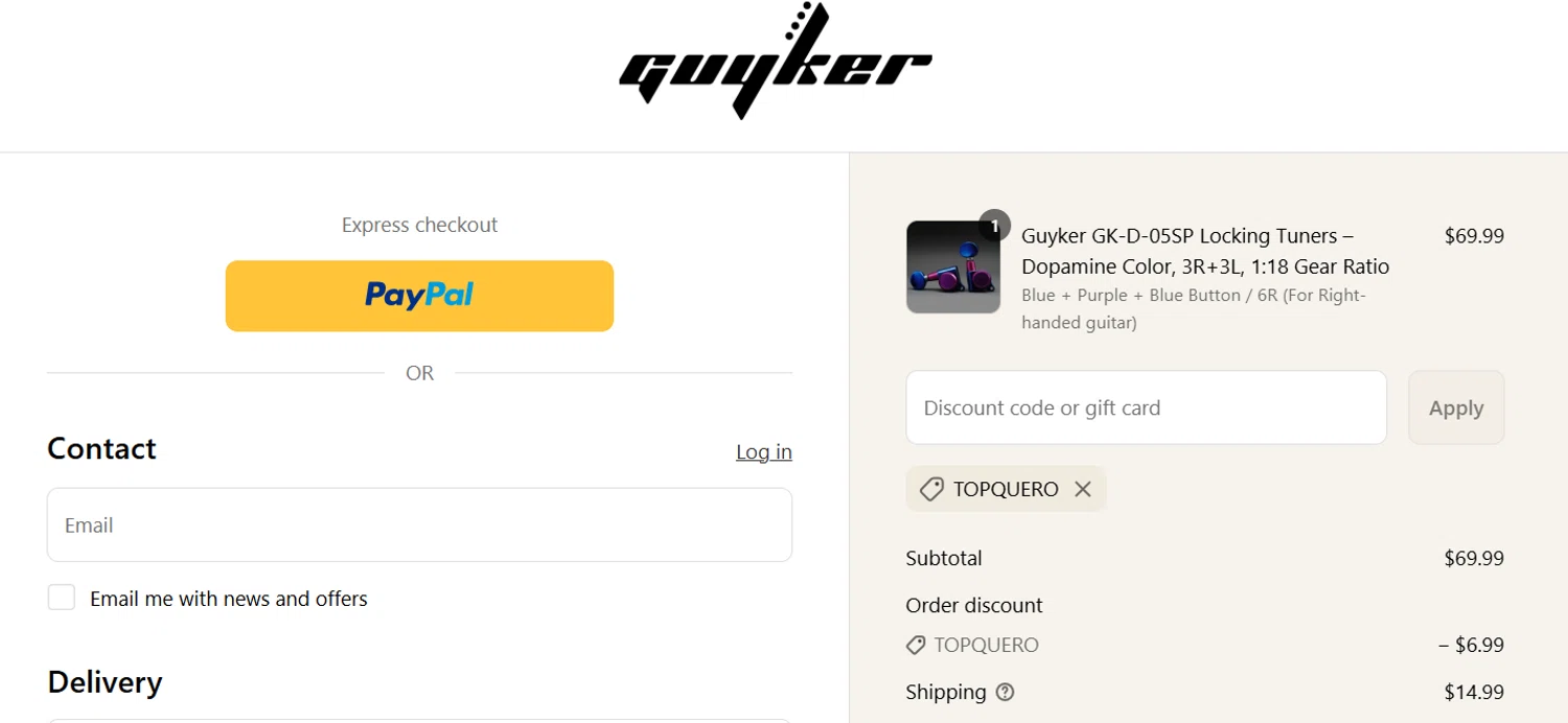 Guyker discount code screenshot showing code TOPQUERO applied at Guyker checkout page. Uploaded by SimplyCodes community member VictoriousGuardian1414 on Aug 28, 2025