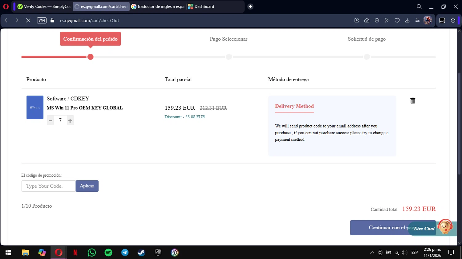 GVGMall promo code screenshot showing code DTG applied at GVGMall checkout page. Uploaded by SimplyCodes community member mimusuky1 on Jan 11, 2026