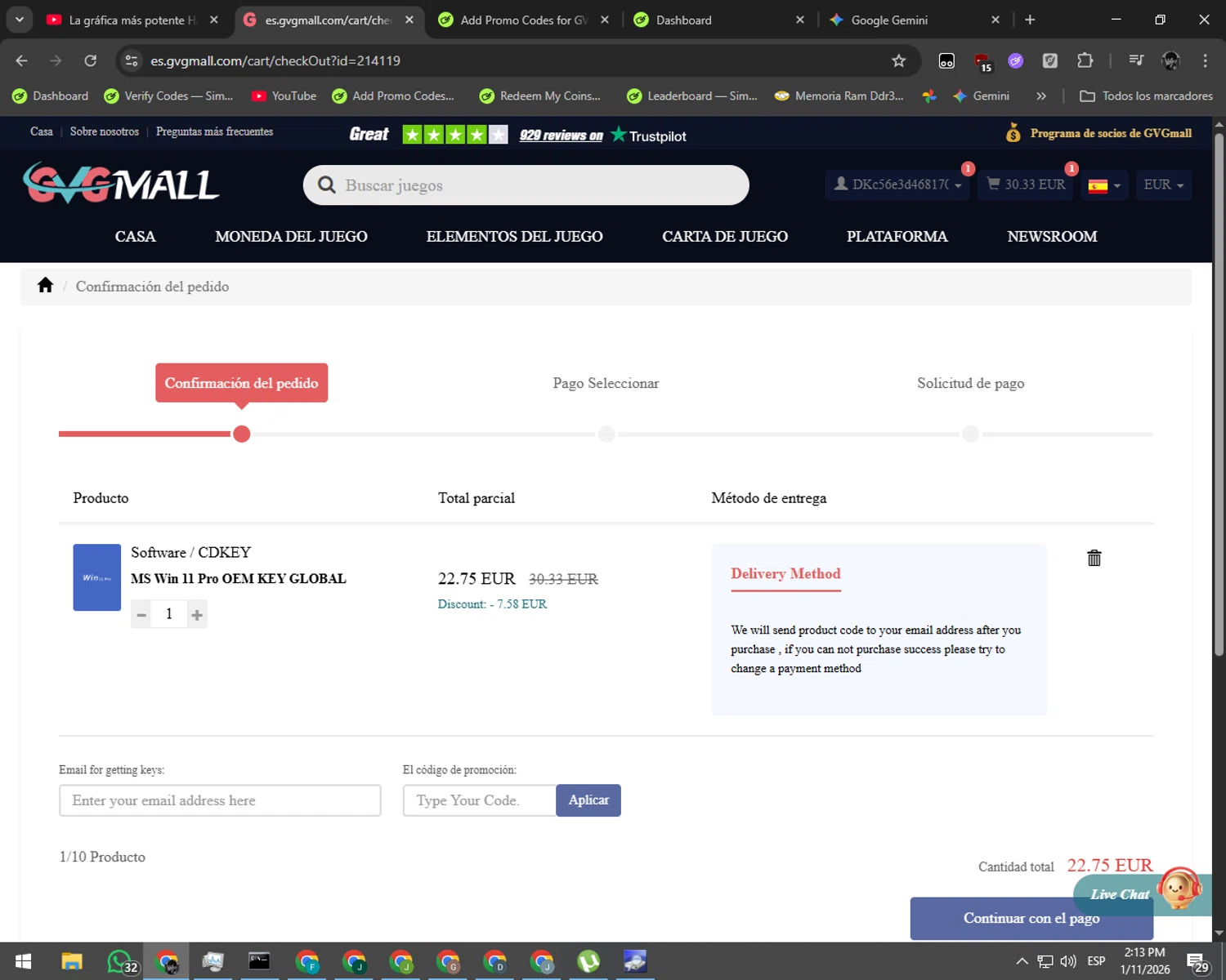 GVGMall promo code screenshot showing code DTG applied at GVGMall checkout page. Uploaded by SimplyCodes community member ArizaJesus on Jan 11, 2026