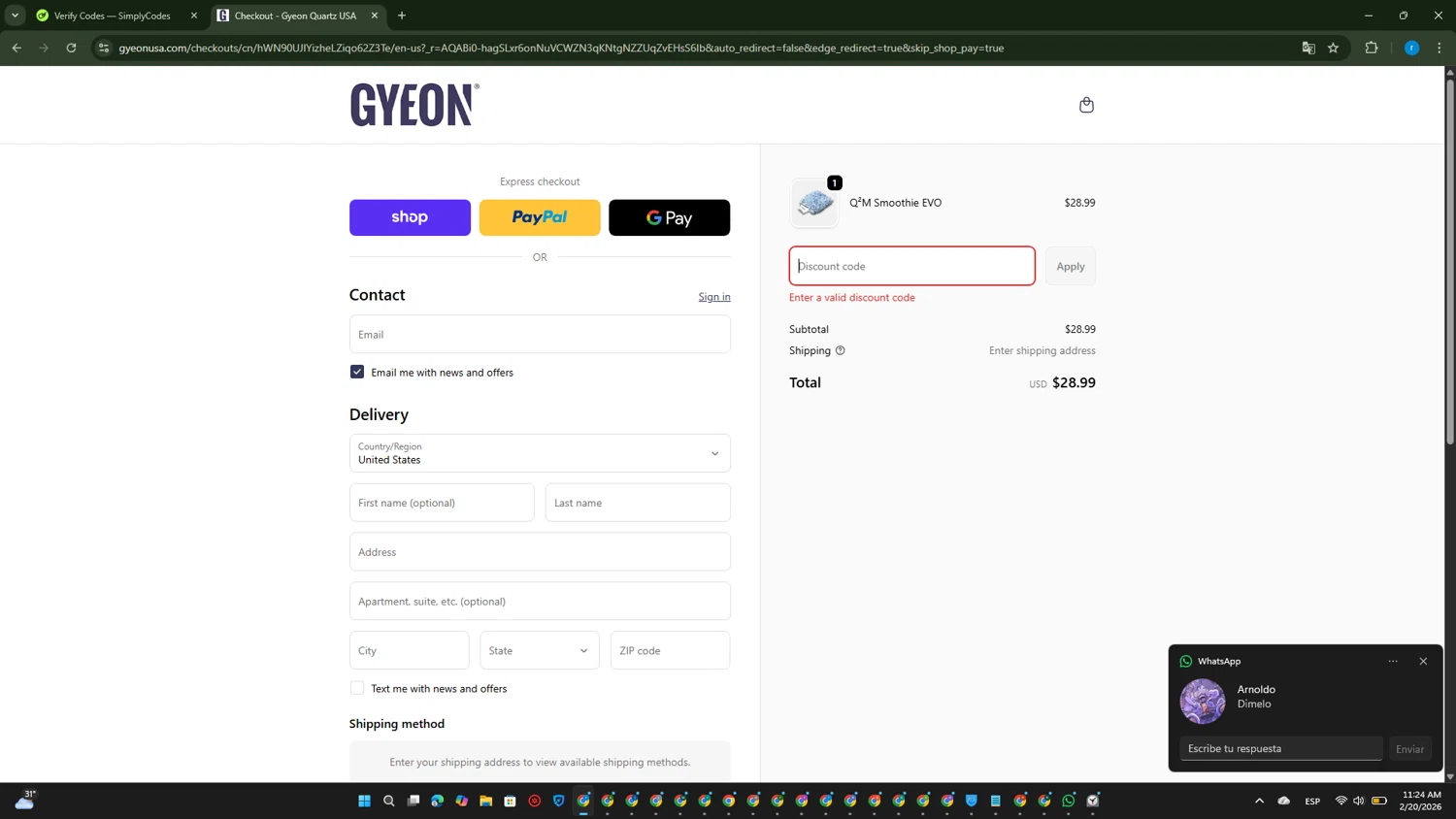 GYEON USA promo code screenshot showing code FLASH applied at GYEON USA checkout page. Uploaded by SimplyCodes community member RewardVoyager146 on Feb 20, 2026