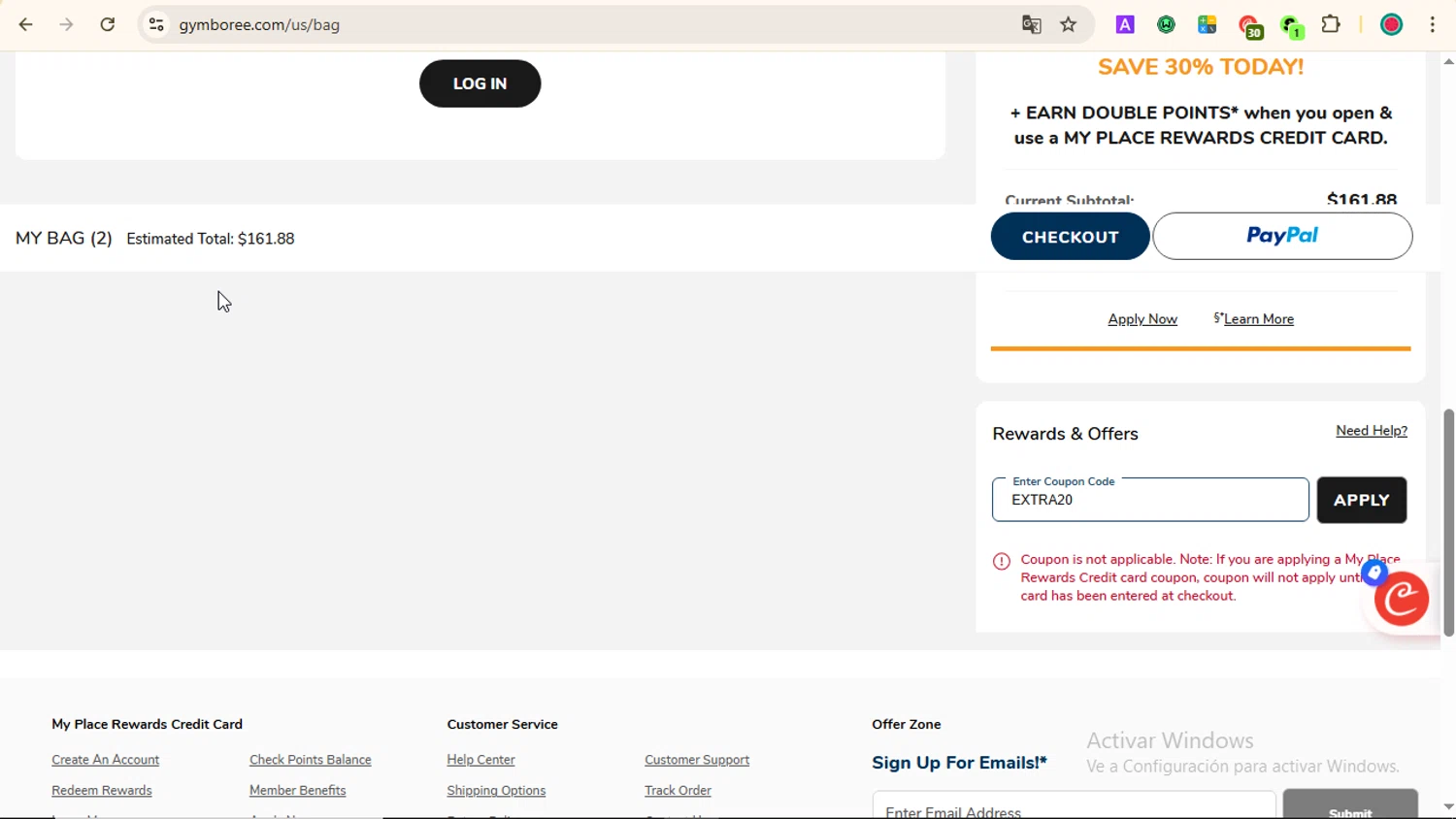 Gymboree coupon code screenshot showing code EXTRA20 applied at Gymboree checkout page. Uploaded by SimplyCodes community member LOVECOUPON on Aug 12, 2025