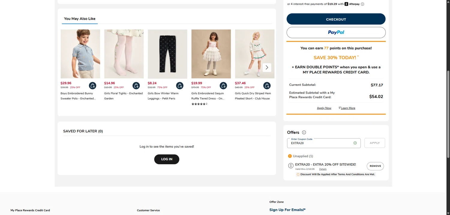 Gymboree checkout page showing Gymboree coupon code box | Screenshot taken by SimplyCodes community member on Feb 10, 2026
