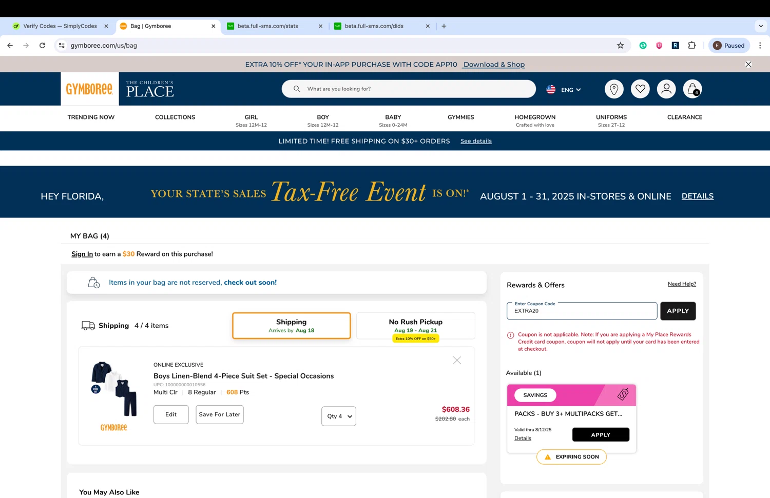 Gymboree coupon code screenshot showing code EXTRA20 applied at Gymboree checkout page. Uploaded by SimplyCodes community member naimbethak on Aug 12, 2025