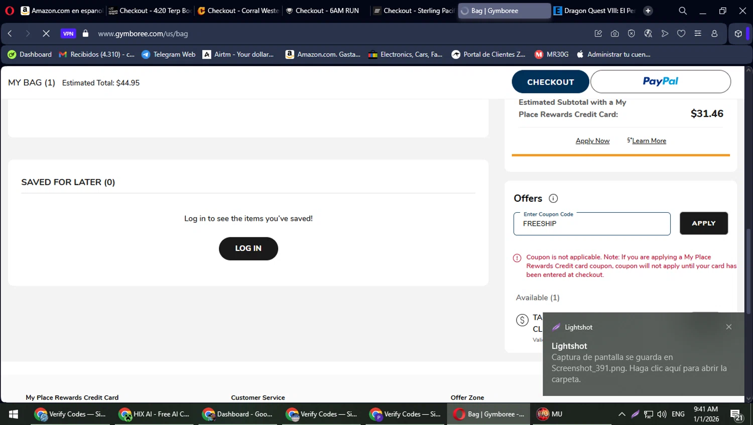 Gymboree checkout page showing Gymboree coupon code box | Screenshot taken by SimplyCodes community member on Jan 1, 2026