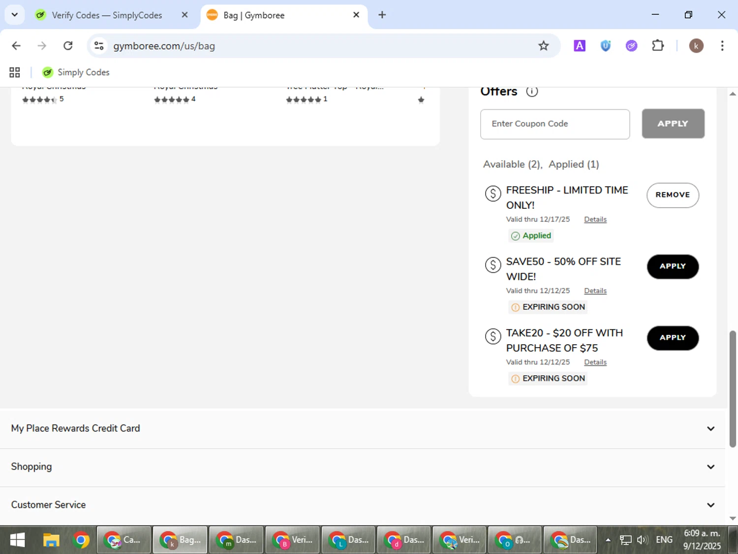 Gymboree coupon code screenshot showing code FREESHIP applied at Gymboree checkout page. Uploaded by SimplyCodes community member RewardRanger298 on Dec 9, 2025