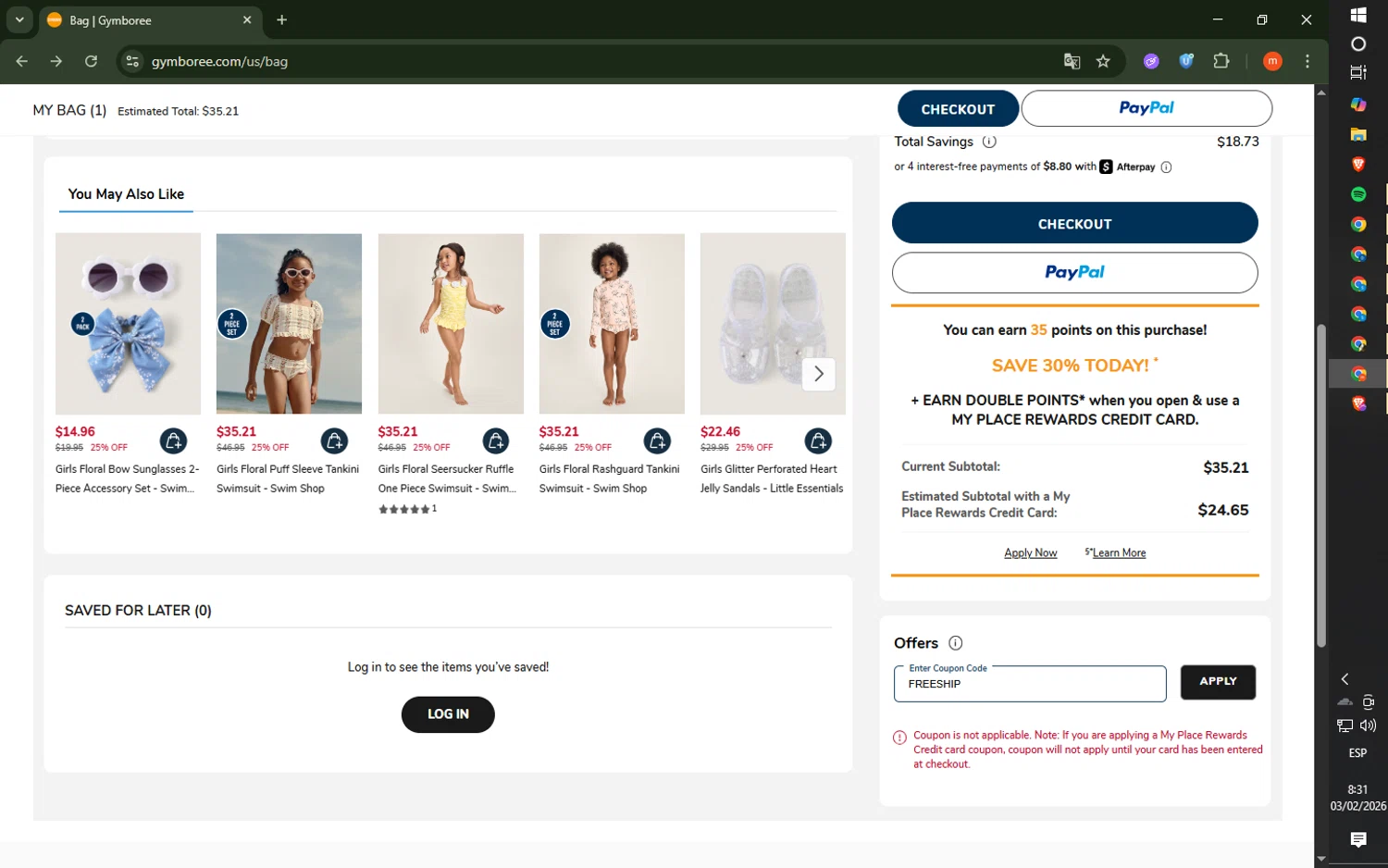 Gymboree coupon code screenshot showing code FREESHIP applied at Gymboree checkout page. Uploaded by SimplyCodes community member SmartSaver5858 on Feb 3, 2026