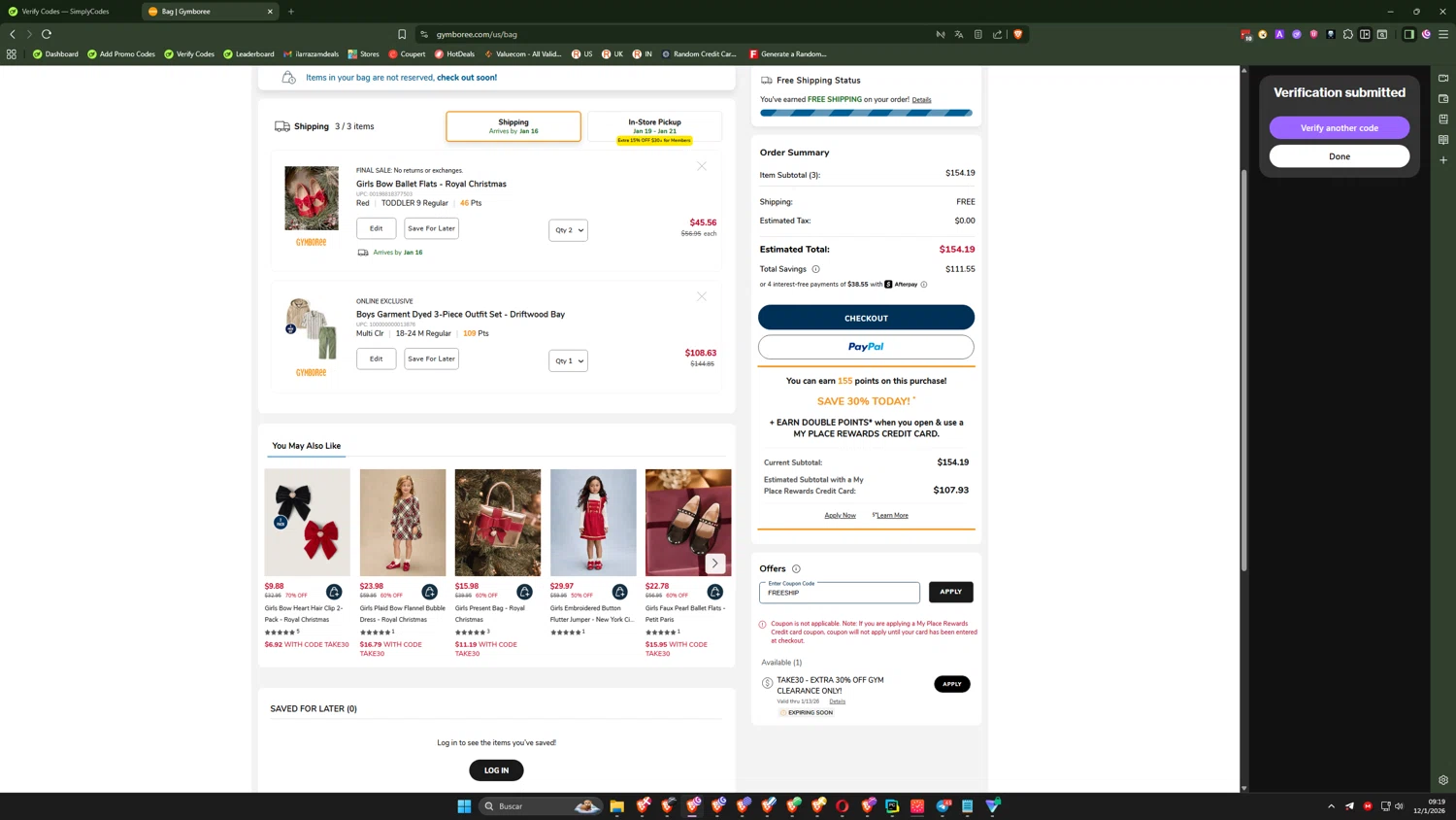 Gymboree coupon code screenshot showing code FREESHIP applied at Gymboree checkout page. Uploaded by SimplyCodes community member CoreSeeker9184 on Jan 12, 2026