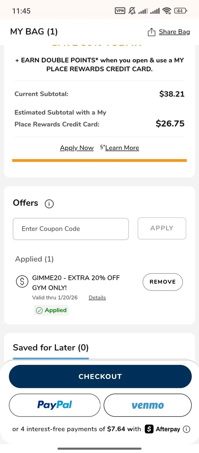 Gymboree checkout page showing Gymboree coupon code box | Screenshot taken by SimplyCodes community member on Jan 16, 2026