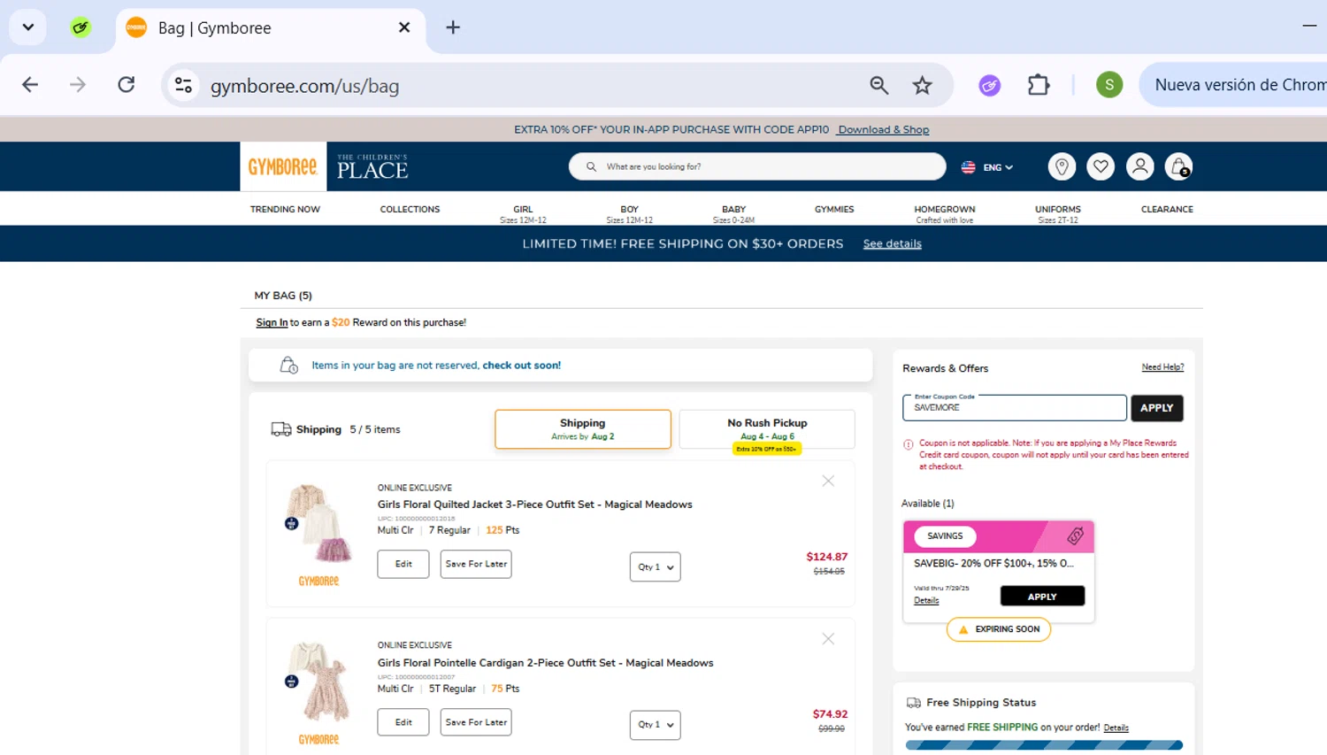 Gymboree coupon code screenshot showing code SAVEMORE applied at Gymboree checkout page. Uploaded by SimplyCodes community member ExtraordinarySeeker9807 on Jul 28, 2025
