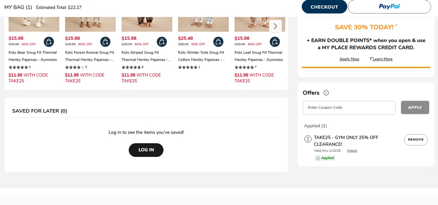 Gymboree checkout page showing Gymboree coupon code box | Screenshot taken by SimplyCodes community member on Jan 6, 2026