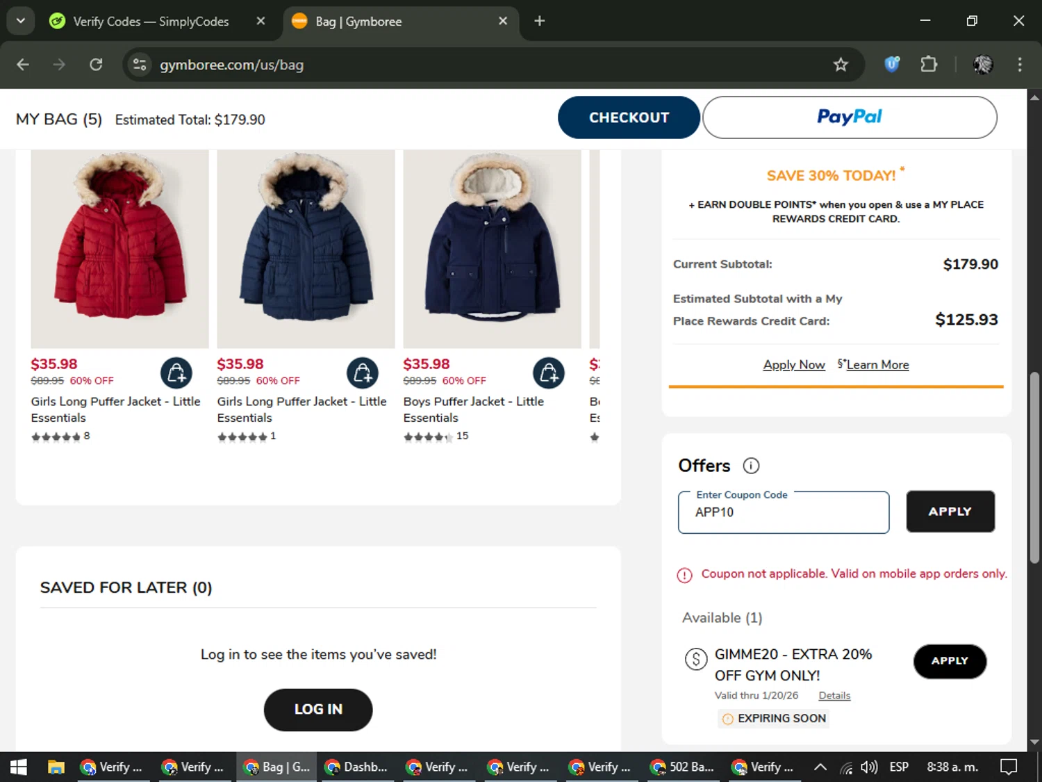 Gymboree coupon code screenshot showing code APP10 applied at Gymboree checkout page. Uploaded by SimplyCodes community member PrimeKnight6101 on Jan 16, 2026