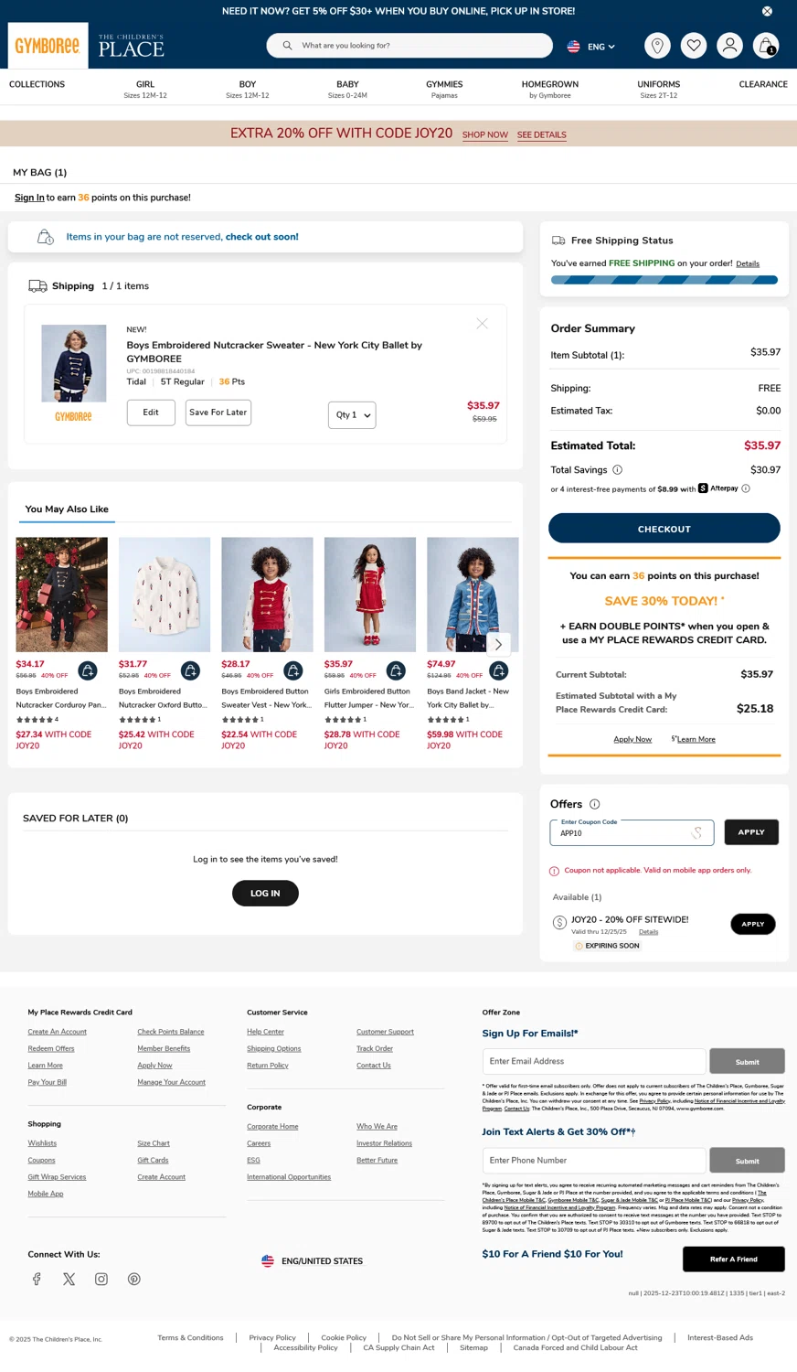 Gymboree coupon code screenshot showing code APP10 applied at Gymboree checkout page. Uploaded by SimplyCodes community member WladimirV on Dec 23, 2025