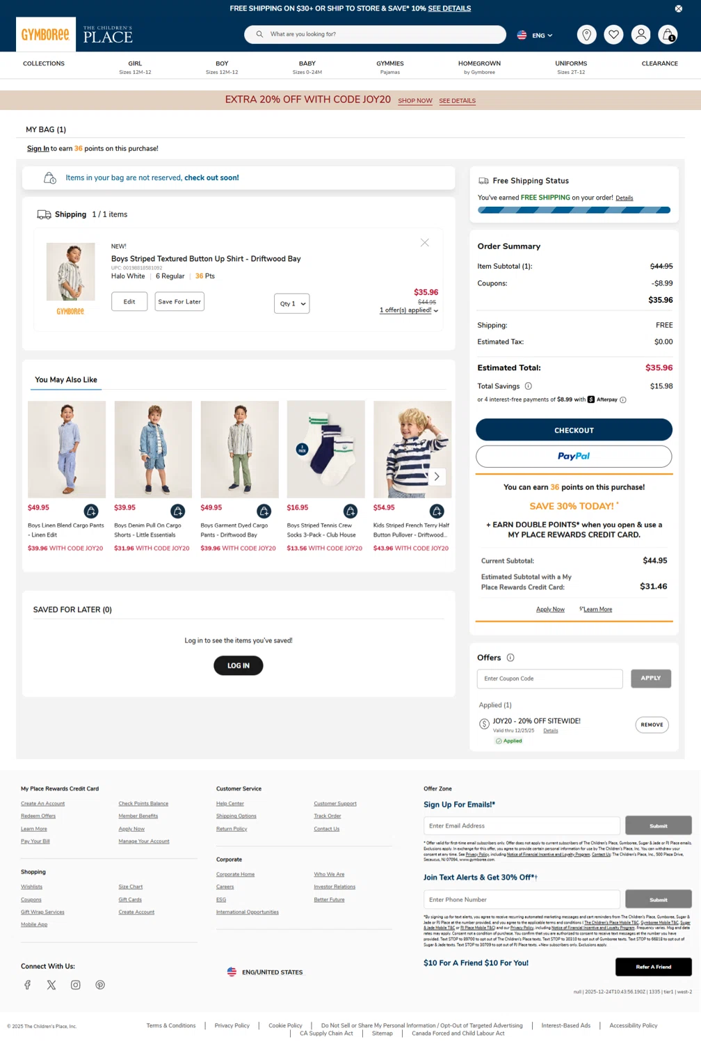 Gymboree coupon code screenshot showing code JOY20 applied at Gymboree checkout page. Uploaded by SimplyCodes community member ROCKSORD on Dec 24, 2025