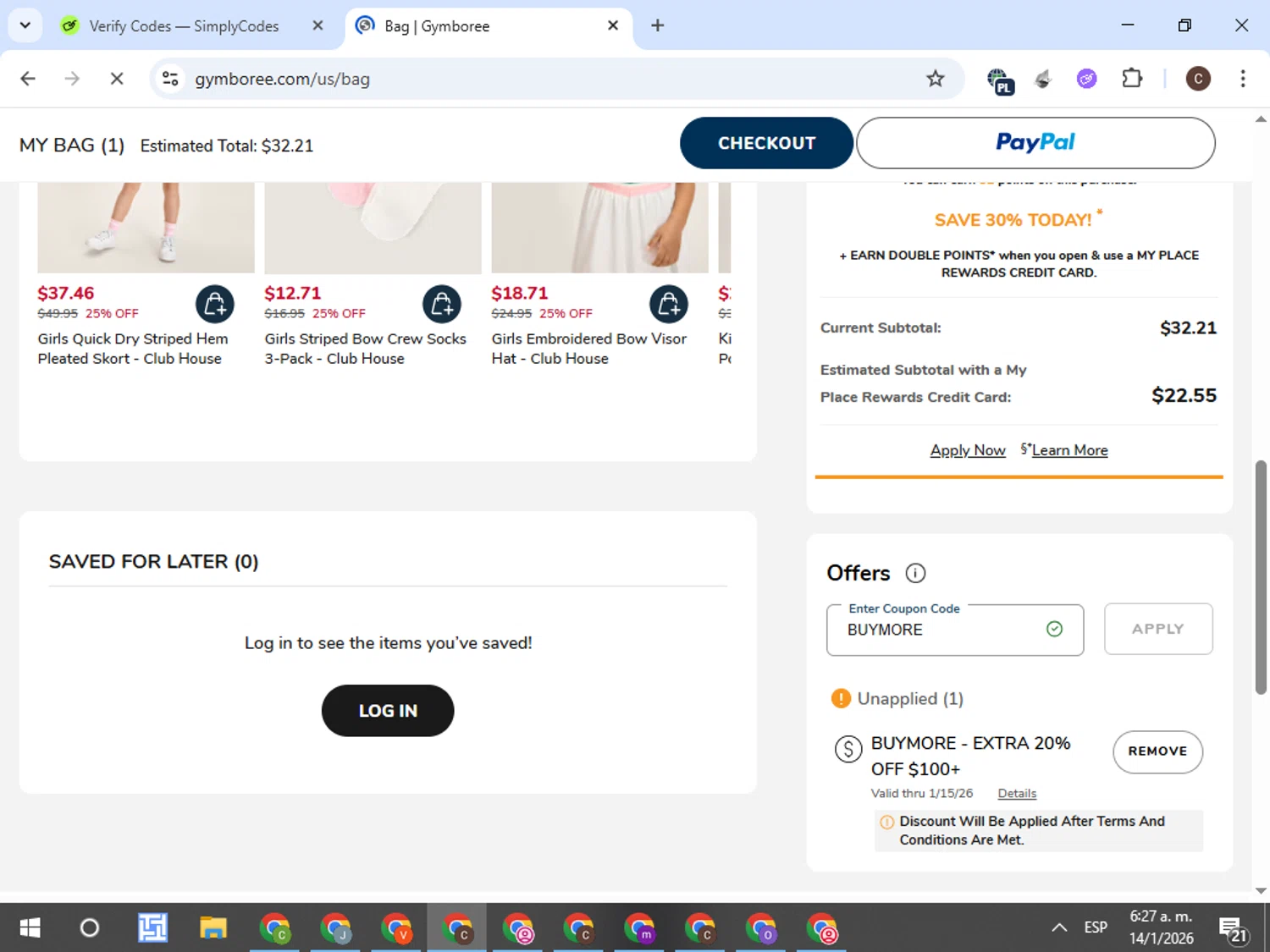 Gymboree checkout page showing Gymboree coupon code box | Screenshot taken by SimplyCodes community member on Jan 14, 2026