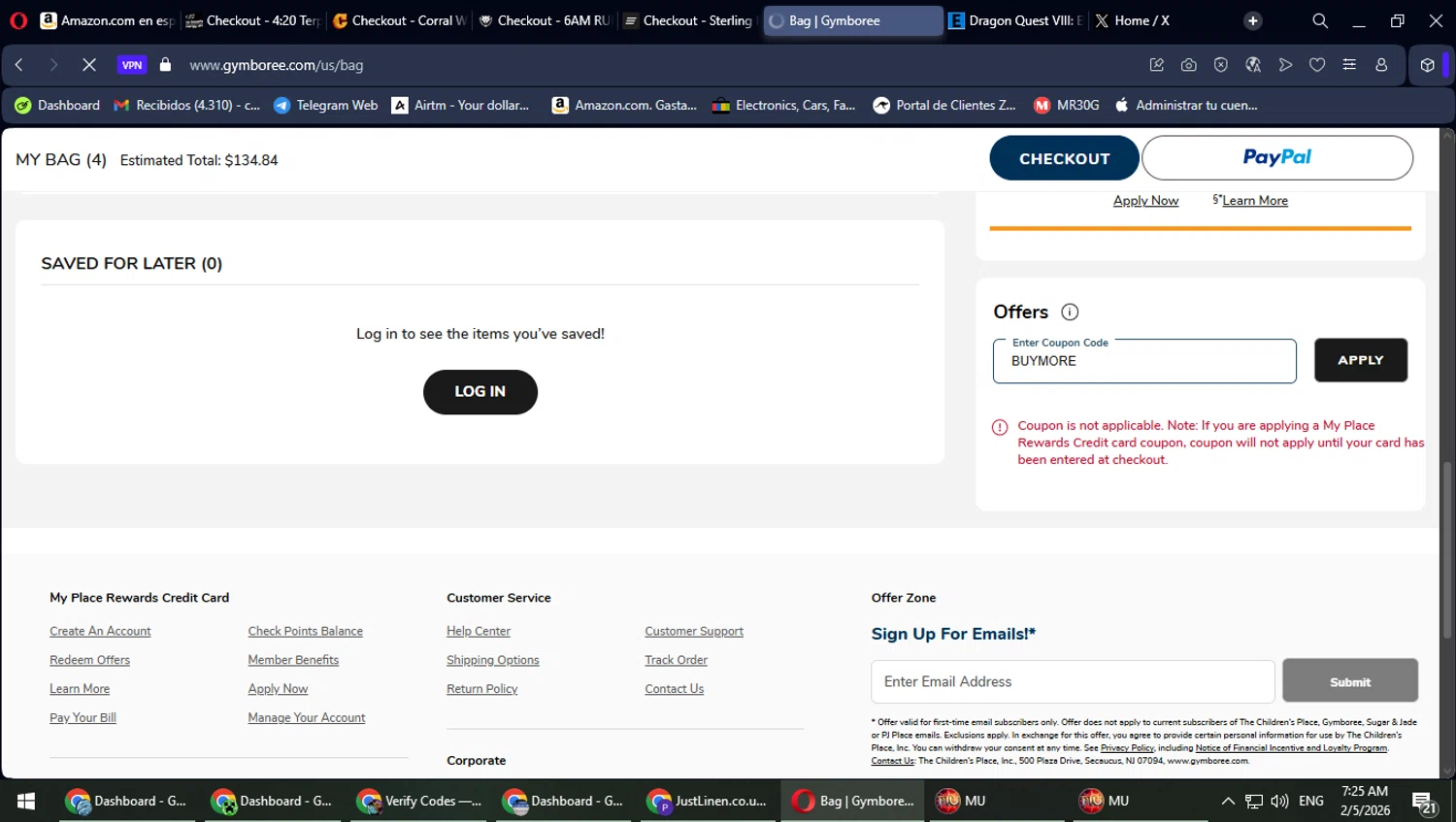 Gymboree checkout page showing Gymboree coupon code box | Screenshot taken by SimplyCodes community member on Feb 5, 2026