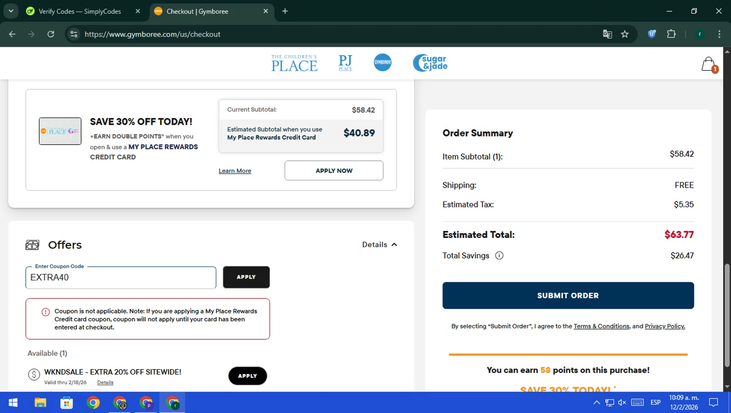 Gymboree checkout page showing Gymboree coupon code box | Screenshot taken by SimplyCodes community member on Feb 12, 2026