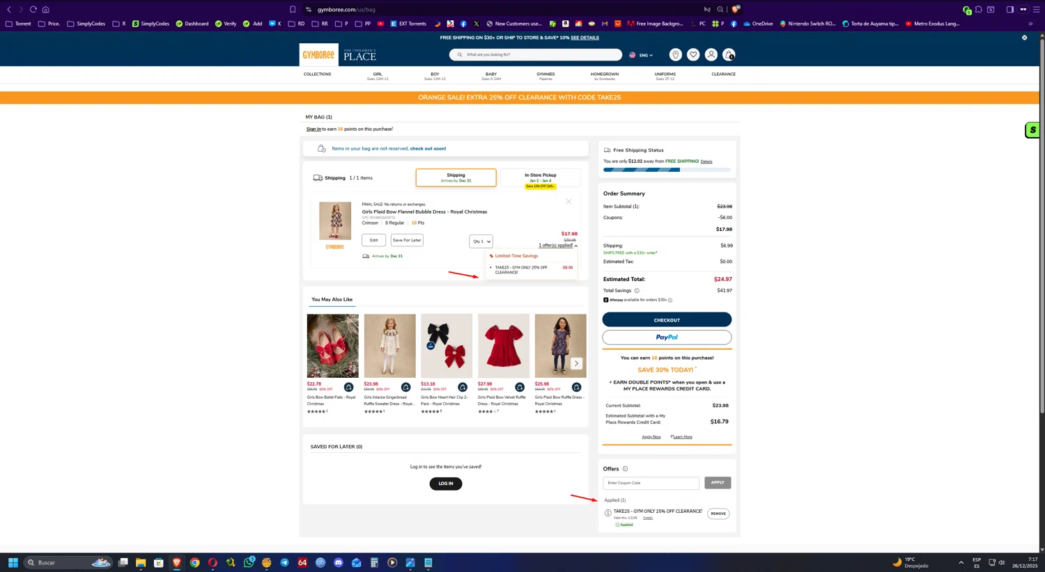 Gymboree coupon code screenshot showing code TAKE25 applied at Gymboree checkout page. Uploaded by SimplyCodes community member UnkNownVnzla on Dec 26, 2025