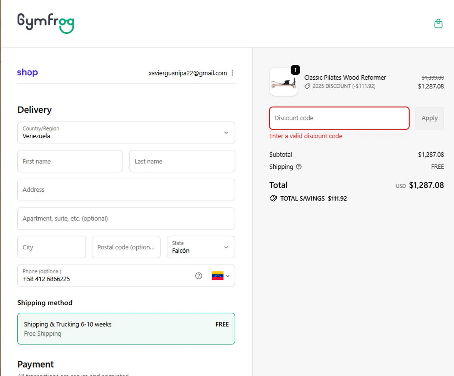 Gymfrog promo code screenshot showing code GYM10 applied at Gymfrog checkout page. Uploaded by SimplyCodes community member alfock22 on Nov 19, 2025