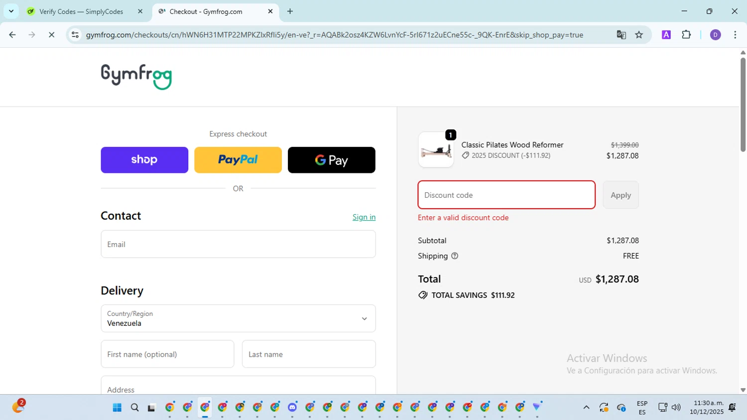 Gymfrog promo code screenshot showing code Gymfrog8 applied at Gymfrog checkout page. Uploaded by SimplyCodes community member SavingsGuardian5156 on Dec 10, 2025