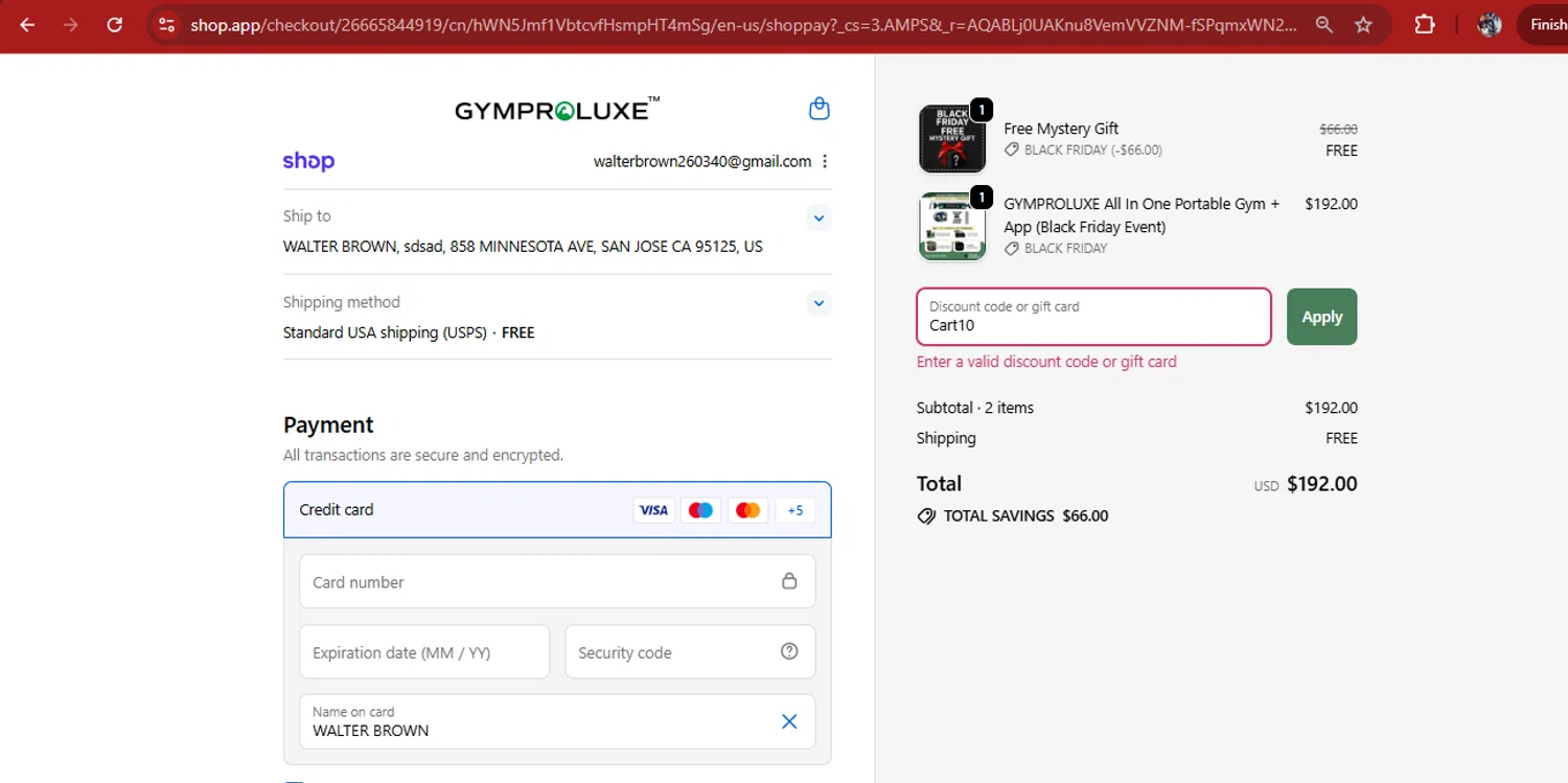 Gymproluxe discount code screenshot showing code Cart10 applied at Gymproluxe checkout page. Uploaded by SimplyCodes community member kimberlinmartinez on Nov 15, 2025