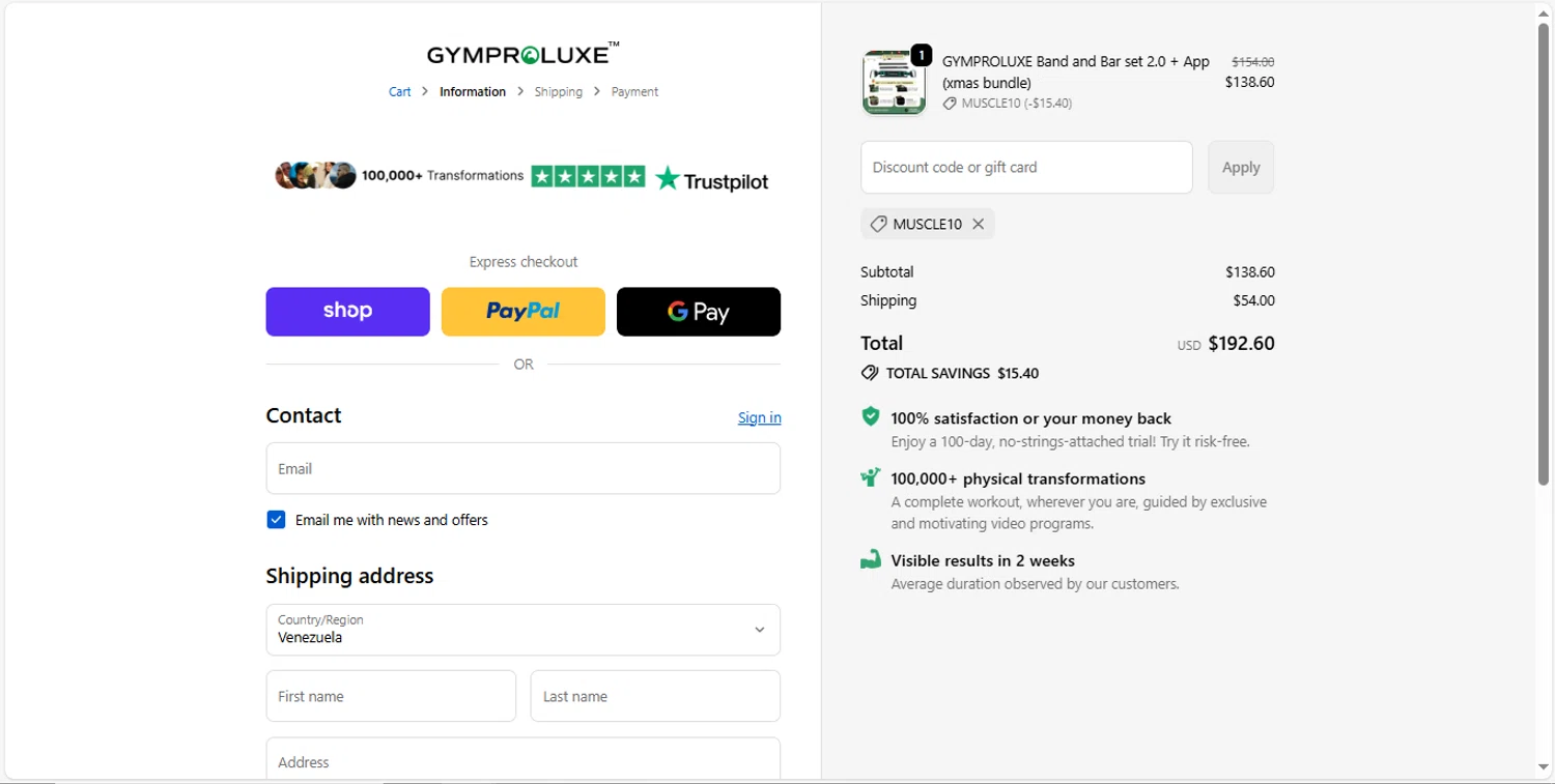Gymproluxe discount code screenshot showing code MUSCLE10 applied at Gymproluxe checkout page. Uploaded by SimplyCodes community member MagnificentVirtuoso8433 on Dec 9, 2025