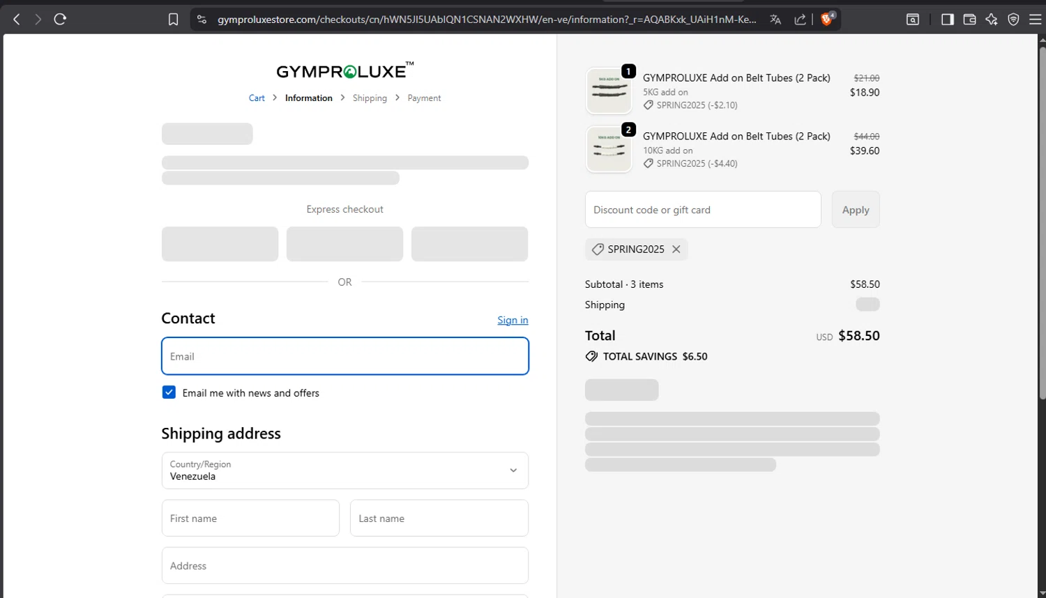 Gymproluxe discount code screenshot showing code SPRING2025 applied at Gymproluxe checkout page. Uploaded by SimplyCodes community member crischidy25 on Dec 4, 2025