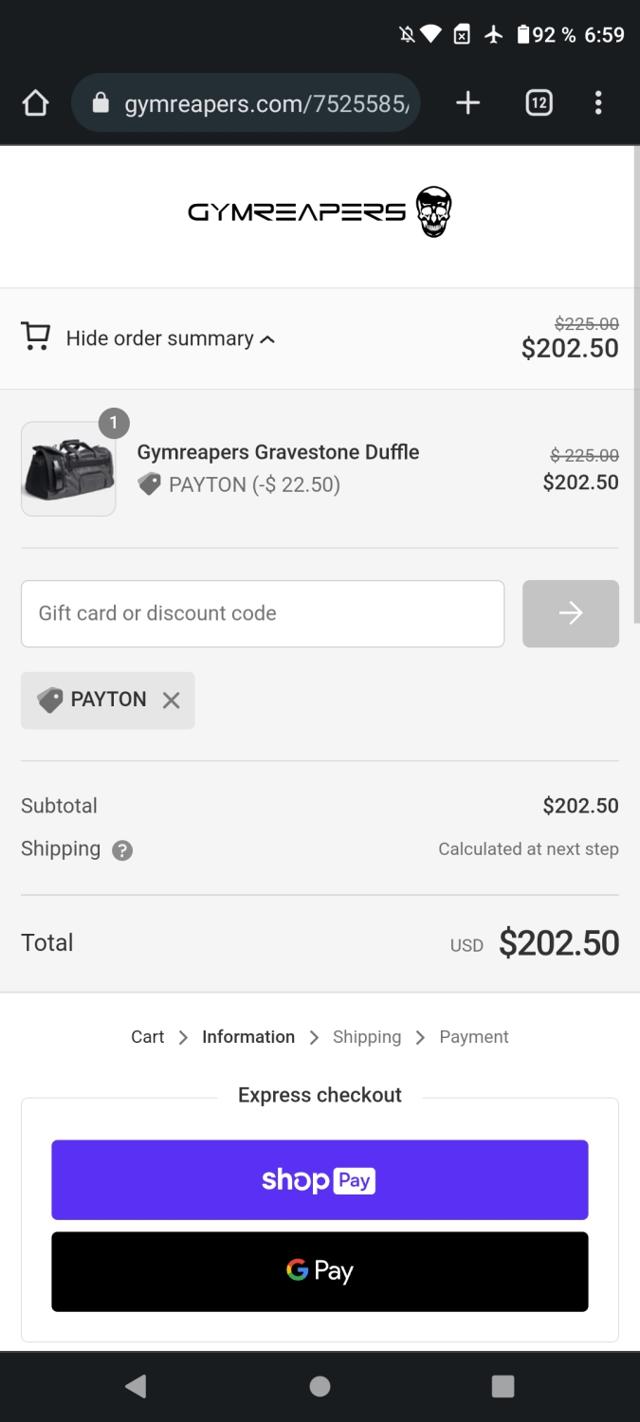 Gymreapers checkout page showing Gymreapers discount code box | Screenshot taken by SimplyCodes community member on May 30, 2023