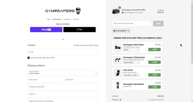 Gymreapers checkout page showing Gymreapers discount code box | Screenshot taken by SimplyCodes community member on Jun 21, 2023
