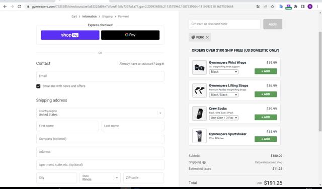 Gymreapers checkout page showing Gymreapers discount code box | Screenshot taken by SimplyCodes community member on Jun 23, 2023