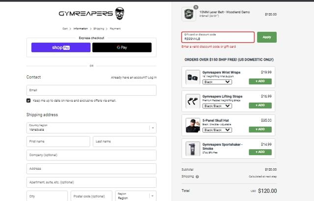 Gymreapers checkout page showing Gymreapers discount code box | Screenshot taken by SimplyCodes community member on Jul 14, 2023