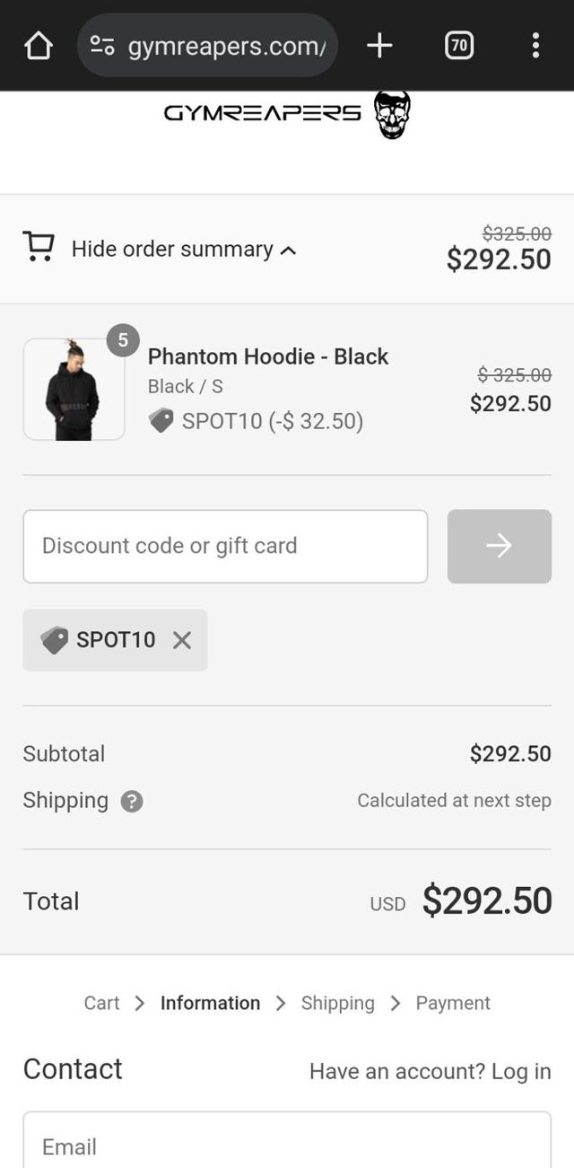 Gymreapers checkout page showing Gymreapers discount code box | Screenshot taken by SimplyCodes community member on Oct 31, 2023