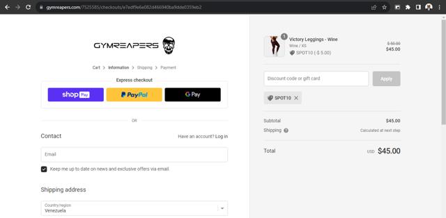 Gymreapers checkout page showing Gymreapers discount code box | Screenshot taken by SimplyCodes community member on Oct 19, 2023