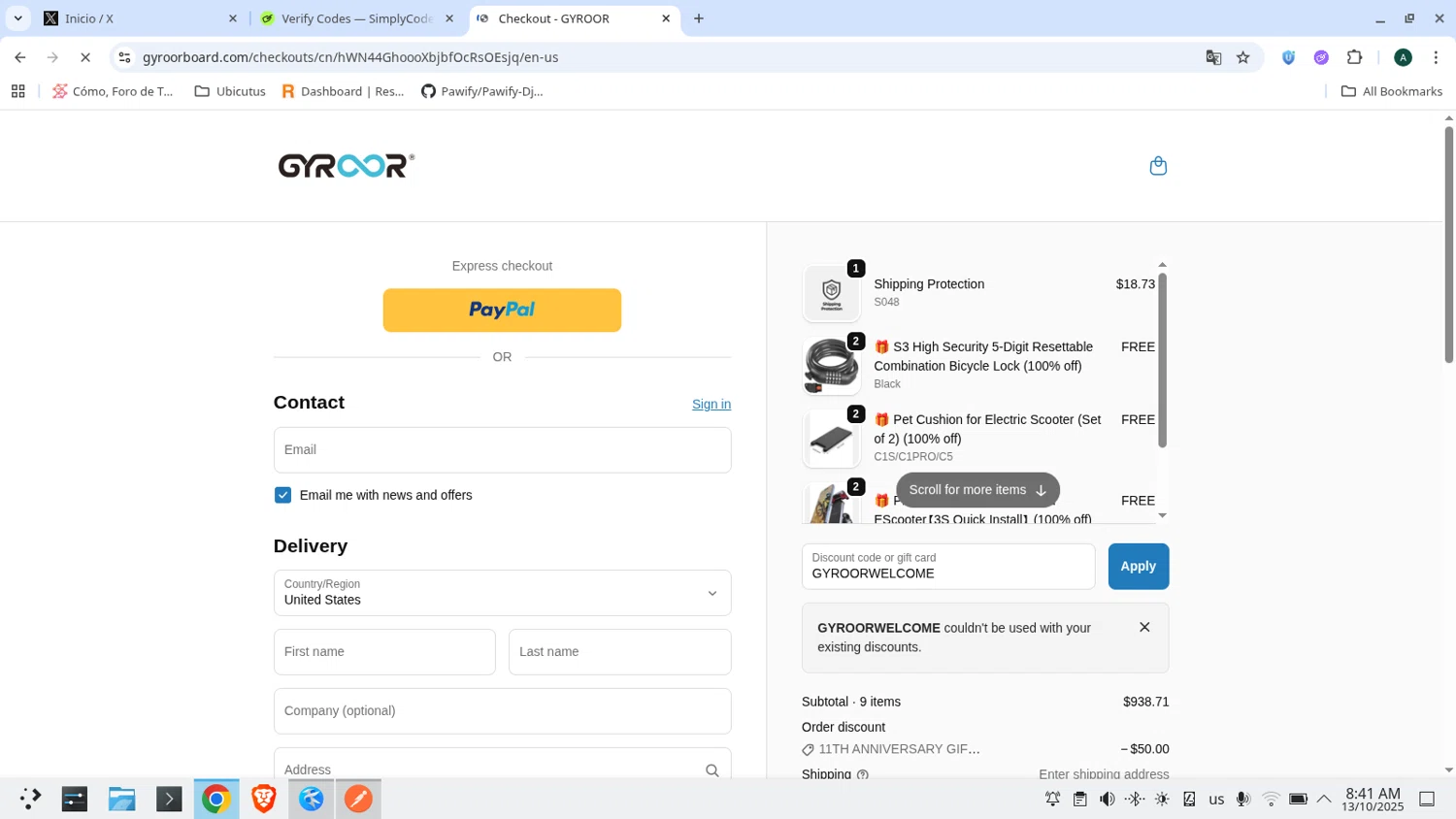 Gyroor Board promo code screenshot showing code GYROORWELCOME applied at Gyroor Board checkout page. Uploaded by SimplyCodes community member admeneses on Oct 13, 2025