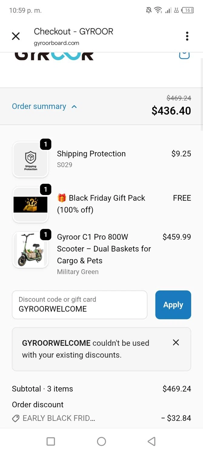 Gyroor Board promo code screenshot showing code GYROORWELCOME applied at Gyroor Board checkout page. Uploaded by SimplyCodes community member tumiedo on Nov 23, 2025