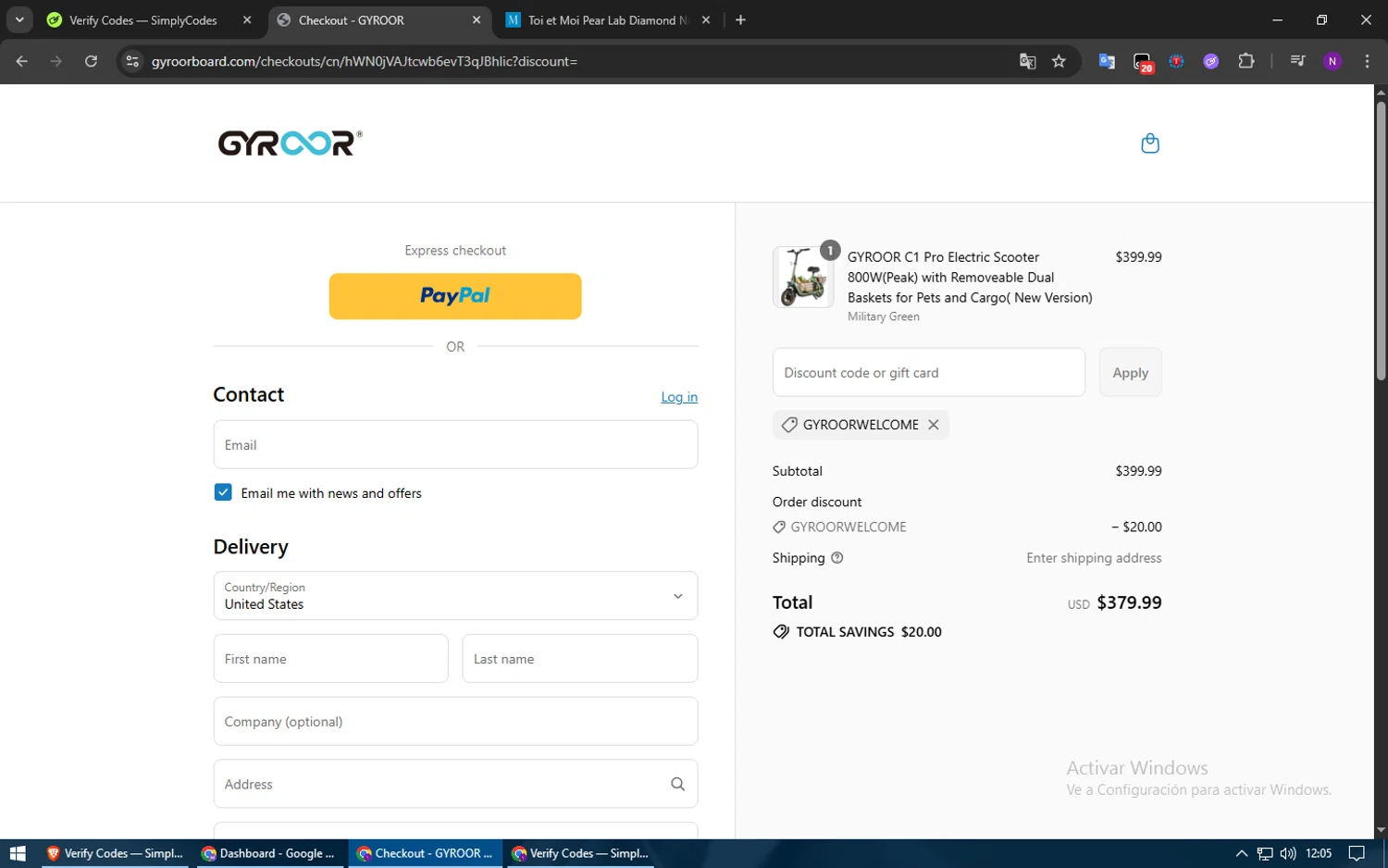 Gyroor Board promo code screenshot showing code GYROORWELCOME applied at Gyroor Board checkout page. Uploaded by SimplyCodes community member usuario500 on Jul 17, 2025