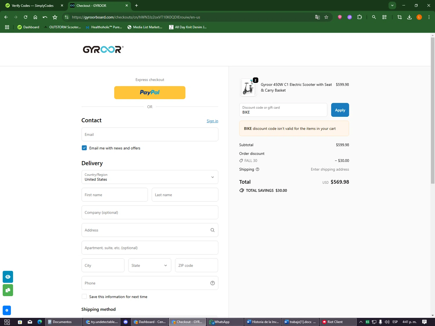 Gyroor Board promo code screenshot showing code BIKE applied at Gyroor Board checkout page. Uploaded by SimplyCodes community member DealOwl9228 on Sep 23, 2025