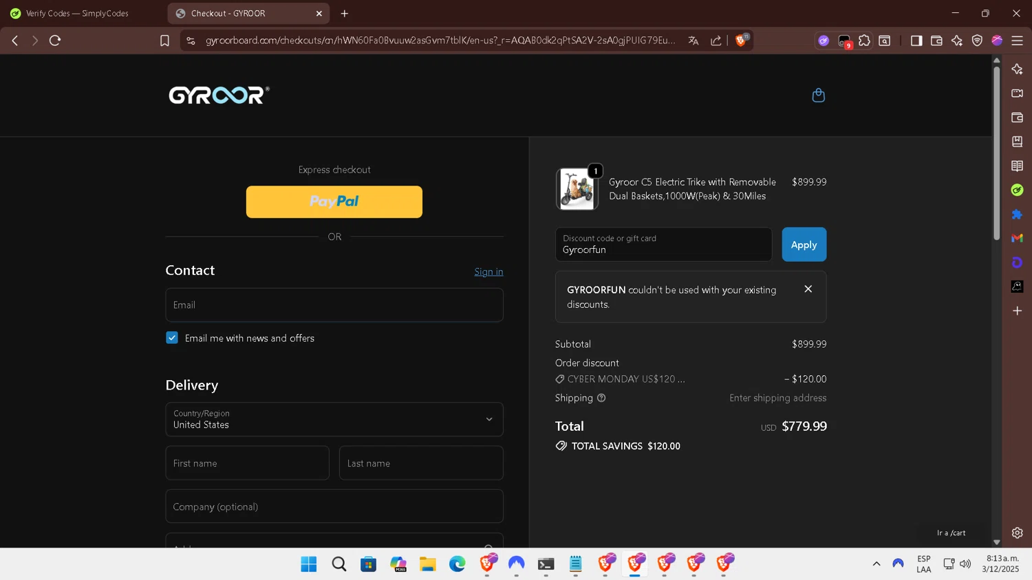 Gyroor Board promo code screenshot showing code Gyroorfun applied at Gyroor Board checkout page. Uploaded by SimplyCodes community member DiscountExpert556 on Dec 3, 2025