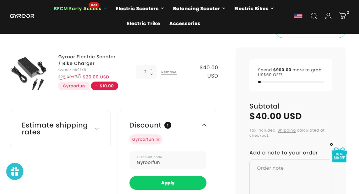 Gyroor Board promo code screenshot showing code Gyroorfun applied at Gyroor Board checkout page. Uploaded by SimplyCodes community member Gonzalez010203 on Nov 12, 2025
