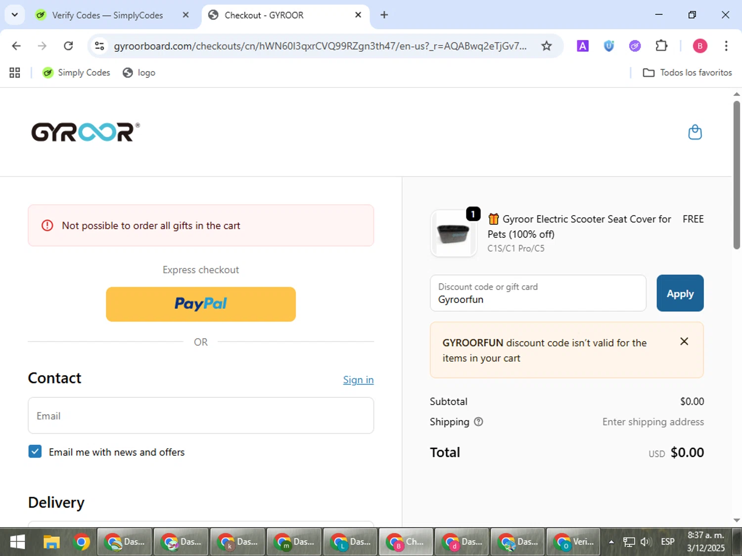 Gyroor Board promo code screenshot showing code Gyroorfun applied at Gyroor Board checkout page. Uploaded by SimplyCodes community member bombontropical on Dec 3, 2025