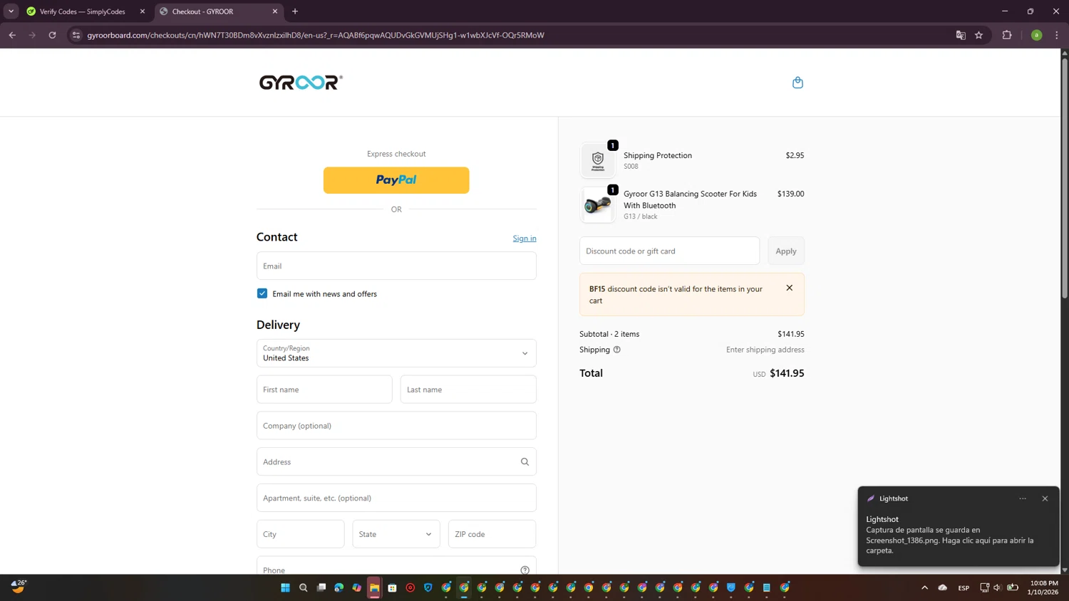 Gyroor Board checkout page showing Gyroor Board promo code box | Screenshot taken by SimplyCodes community member on Jan 11, 2026