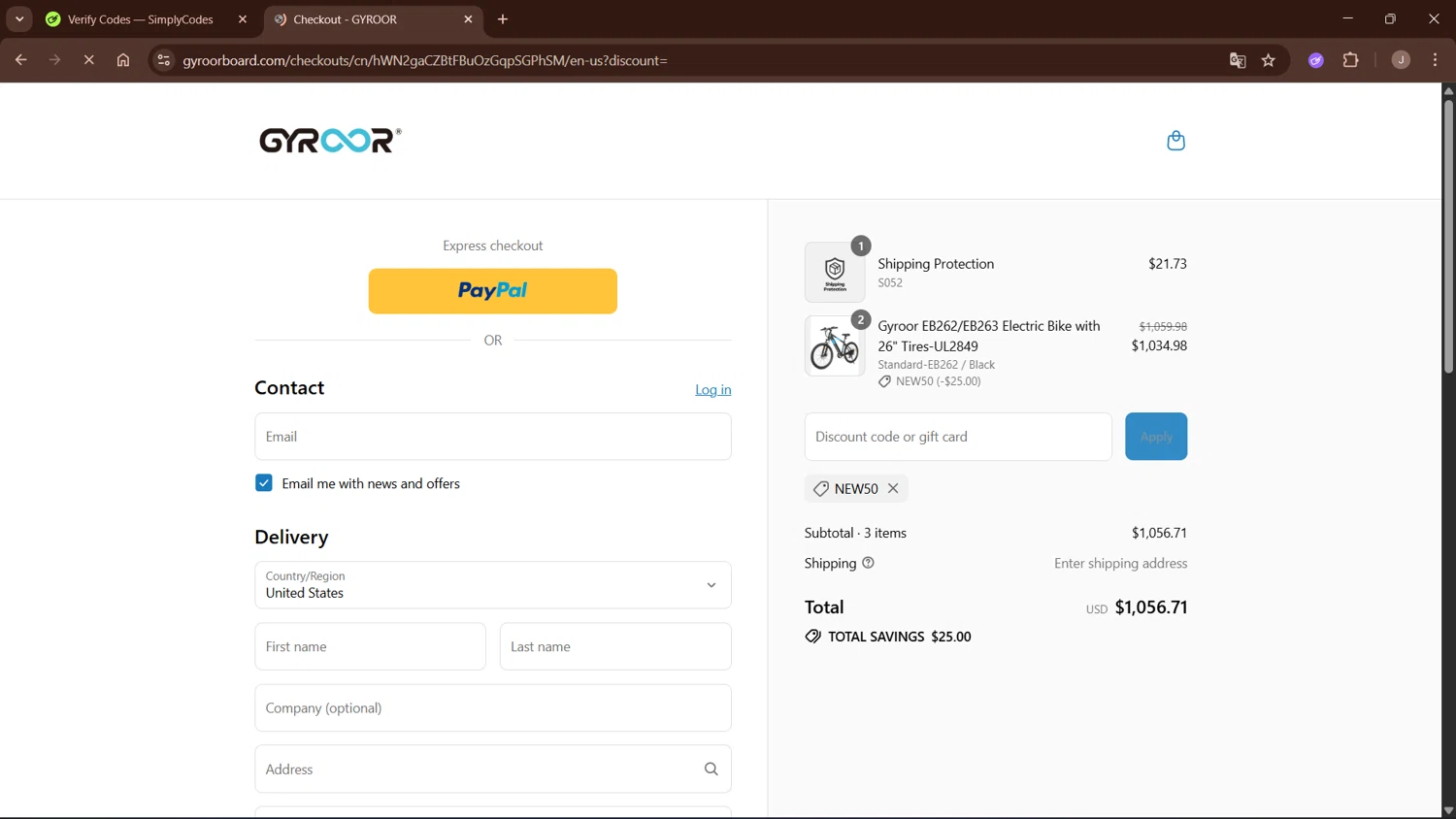 Gyroor Board promo code screenshot showing code New50 applied at Gyroor Board checkout page. Uploaded by SimplyCodes community member WisePro3955 on Sep 7, 2025