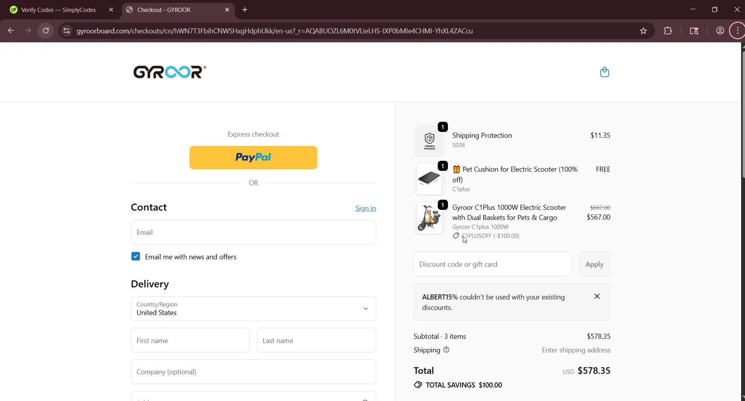 Gyroor Board checkout page showing Gyroor Board promo code box | Screenshot taken by SimplyCodes community member on Jan 11, 2026
