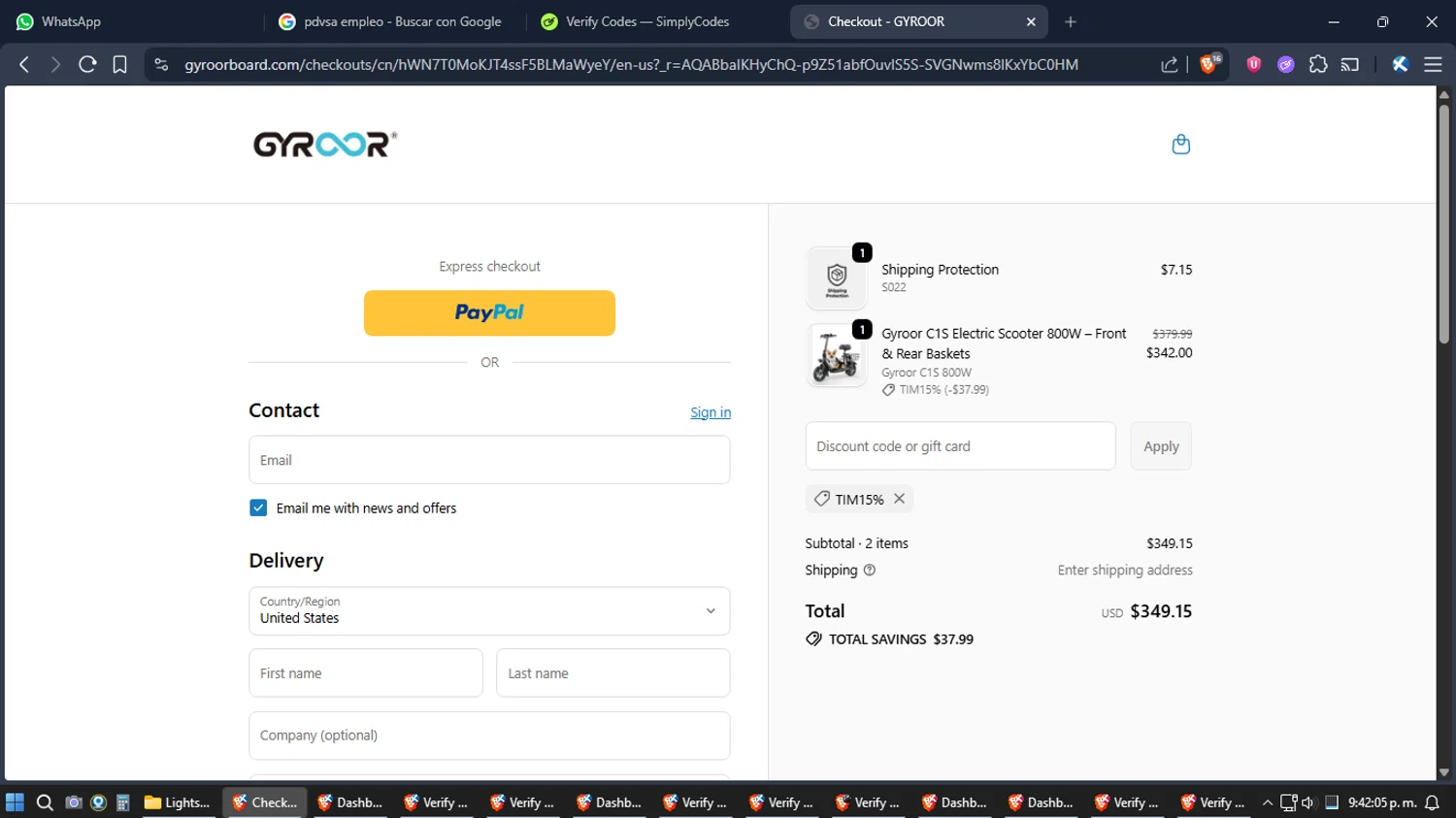 Gyroor Board checkout page showing Gyroor Board promo code box | Screenshot taken by SimplyCodes community member on Jan 11, 2026